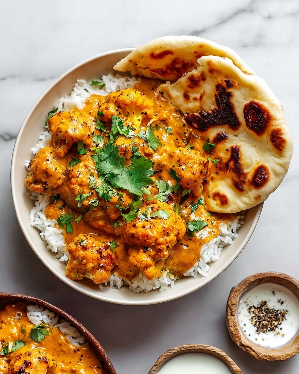 A bowl of white rice forms the bottom layer, topped with a rich, orange-colored curry with visible cauliflower florets covered in thick, creamy sauce speckled with black pepper and herbs. Bright green cilantro leaves are scattered on top, adding a fresh color contrast. Two pieces of browned, slightly charred naan bread are placed leaning on the side of the bowl. The bowl is white and sits on a white marbled surface with a small white bowl of yogurt sauce and a small white bowl of cracked black pepper nearby. photo taken with an iphone --ar 4:5 --v 7