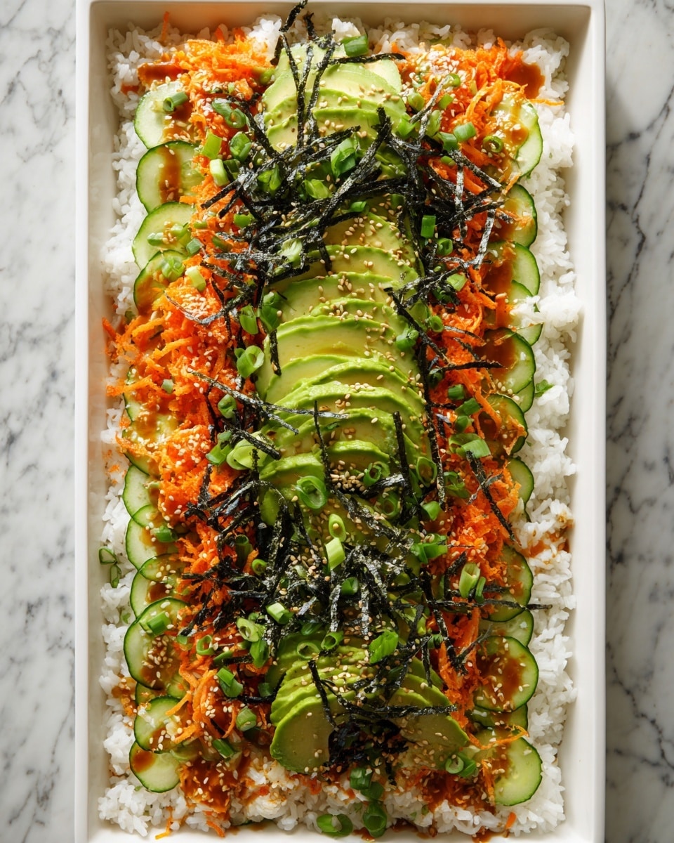 A rectangular white dish holds a visually layered sushi salad starting with a base layer of white rice covering the bottom entirely. The second layer features thin cucumber slices arranged in a row just inside the edges of the rice layer. Bright orange shredded carrots with some drizzled orange sauce create the third layer over and around the cucumbers. On top, several fan-shaped slices of green avocado are neatly lined up lengthwise in the center. Scattered green chopped scallions and thin black strips of seaweed add contrast, with white sesame seeds sprinkled over most of the dish. The whole dish sits on a white marbled surface. photo taken with an iphone --ar 4:5 --v 7