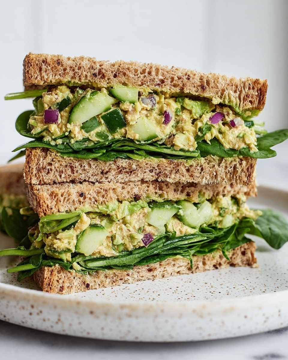 A close-up image of a sandwich cut in half and stacked on a white speckled plate, placed on a white marbled surface. The sandwich has two layers of thick, coarse brown whole grain bread. Inside each layer, there is a vibrant mix of green spinach leaves at the bottom, topped with a chunky mix of chopped cucumber, red onion pieces, and creamy avocado spread, showing a fresh and textured appearance. The sandwich looks thick and full with bright green and purple colors peeking through the rough bread crust. Photo taken with an iphone --ar 4:5 --v 7