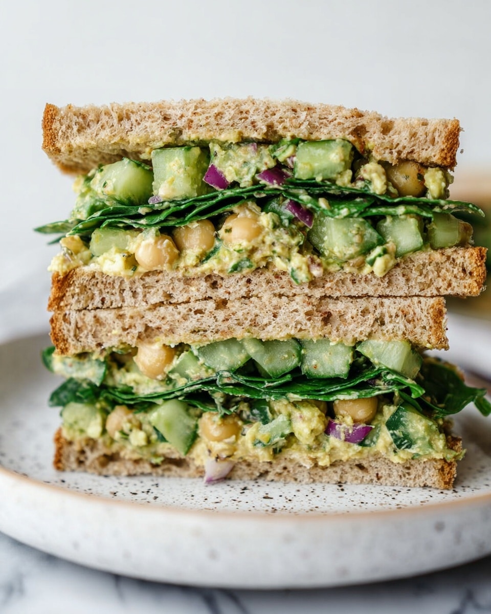 A close-up view of a sandwich cut in half and stacked, each half showing three main layers: the top and bottom layers are light brown whole grain bread with a textured, grainy crust; the middle layer is a mix of green leafy spinach at the bottom, followed by a chunky mixture of chopped green cucumbers, light yellow chickpeas, and bits of purple onion mixed with a creamy spread, giving a fresh and colorful look; the sandwich sits on a white speckled plate placed on a white marbled surface. Photo taken with an iphone --ar 4:5 --v 7