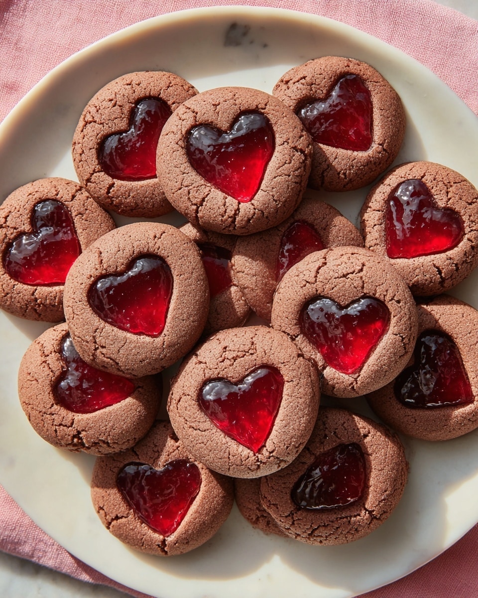 A white plate holds about twenty round brown cookies, each with a red shiny jelly heart shape in the center. The cookies have a slightly cracked, soft texture around the edges. The jelly filling is glossy and smooth, contrasting with the matte brown cookie. The plate sits on a pink cloth over a white marbled surface. The cookies are overlapping and filling the whole plate, giving a cozy, homemade feel. photo taken with an iphone --ar 4:5 --v 7