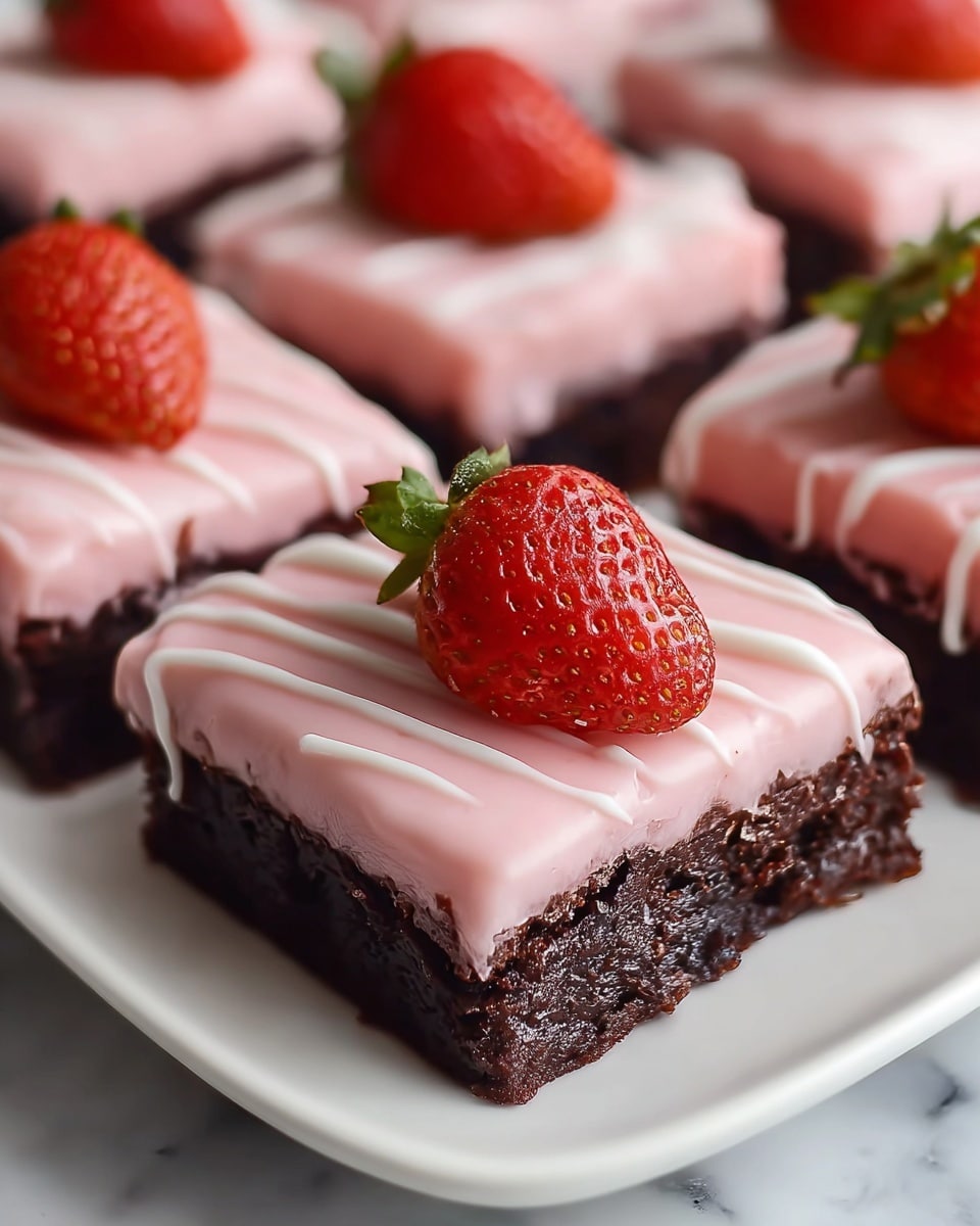 The image shows several square chocolate brownies arranged on a white plate, placed on a white marbled surface. Each brownie has three visible layers: the bottom layer is a dark, moist chocolate base with a slightly rough texture; the middle layer is a smooth, pink frosting spread evenly over the chocolate base; the top layer features thin, white icing lines drizzled diagonally across the pink frosting. Each brownie is topped with a fresh, bright red strawberry with green leaves, placed in the center. The focus is on the front brownie, making the strawberries and frosting look shiny and fresh. photo taken with an iphone --ar 4:5 --v 7