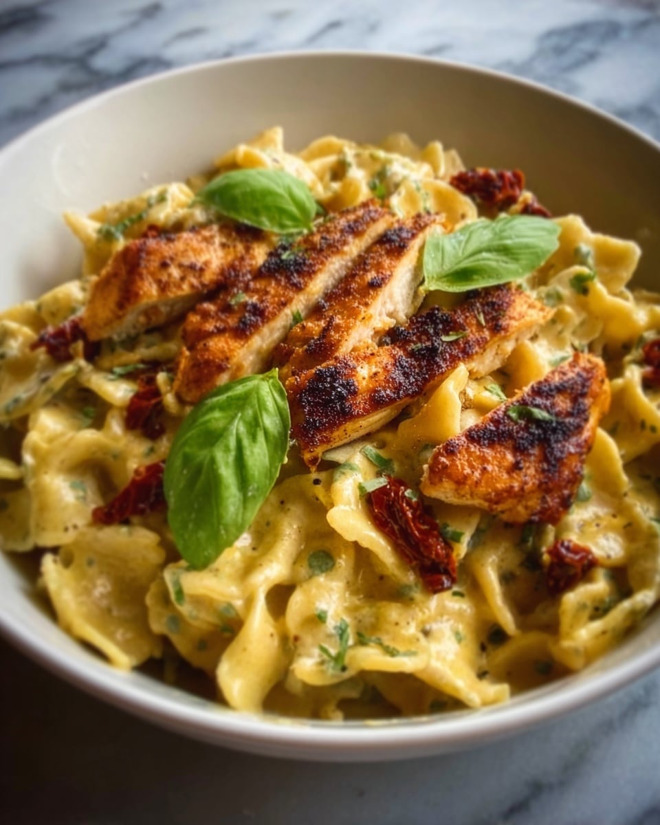 The image shows a white bowl filled with twisted pasta covered in a creamy sauce. On top, there are three pieces of golden-brown grilled chicken with a slightly charred look. Scattered around the chicken are sun-dried tomatoes adding a deep red color. The dish is topped with a small cluster of fresh green basil leaves in the center, adding brightness. The texture of the pasta is soft and coated in sauce, while the chicken looks juicy and well-seasoned. The bowl is placed on a white marbled surface. photo taken with an iphone --ar 4:5 --v 7