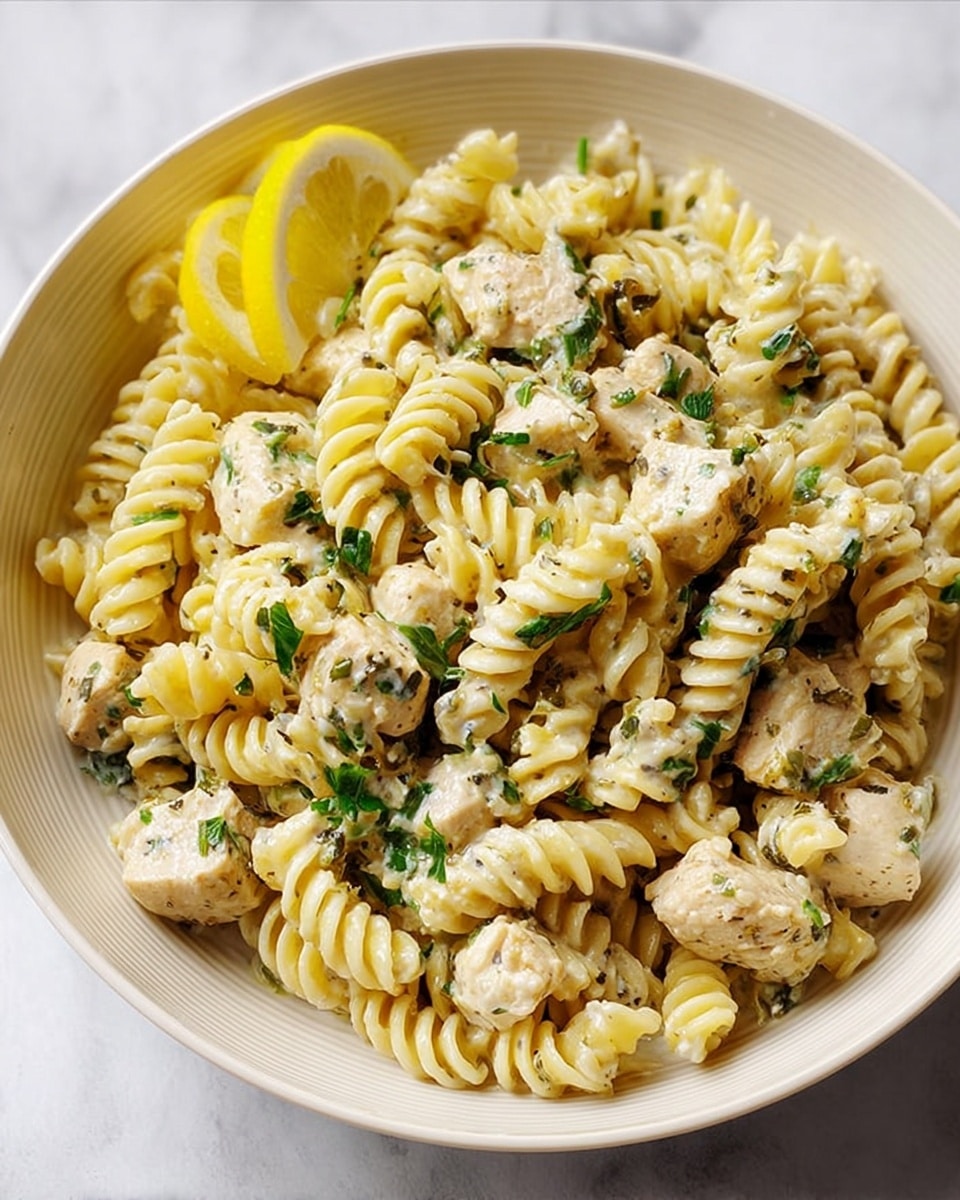 A white square baking dish filled with creamy rotini pasta mixed with chunks of white chicken pieces, all coated evenly in a light, creamy sauce with visible specks of green herbs and small bits of onions. A white spoon lifts a portion of the creamy pasta and chicken from the dish, showing the twisted pasta spirals with herbs clinging to their textured surface and smooth, tender chicken chunks. In the blurred background, there is a bowl of green leafy garnish on a white marbled surface. The entire scene looks fresh and savory. photo taken with an iphone --ar 4:5 --v 7
