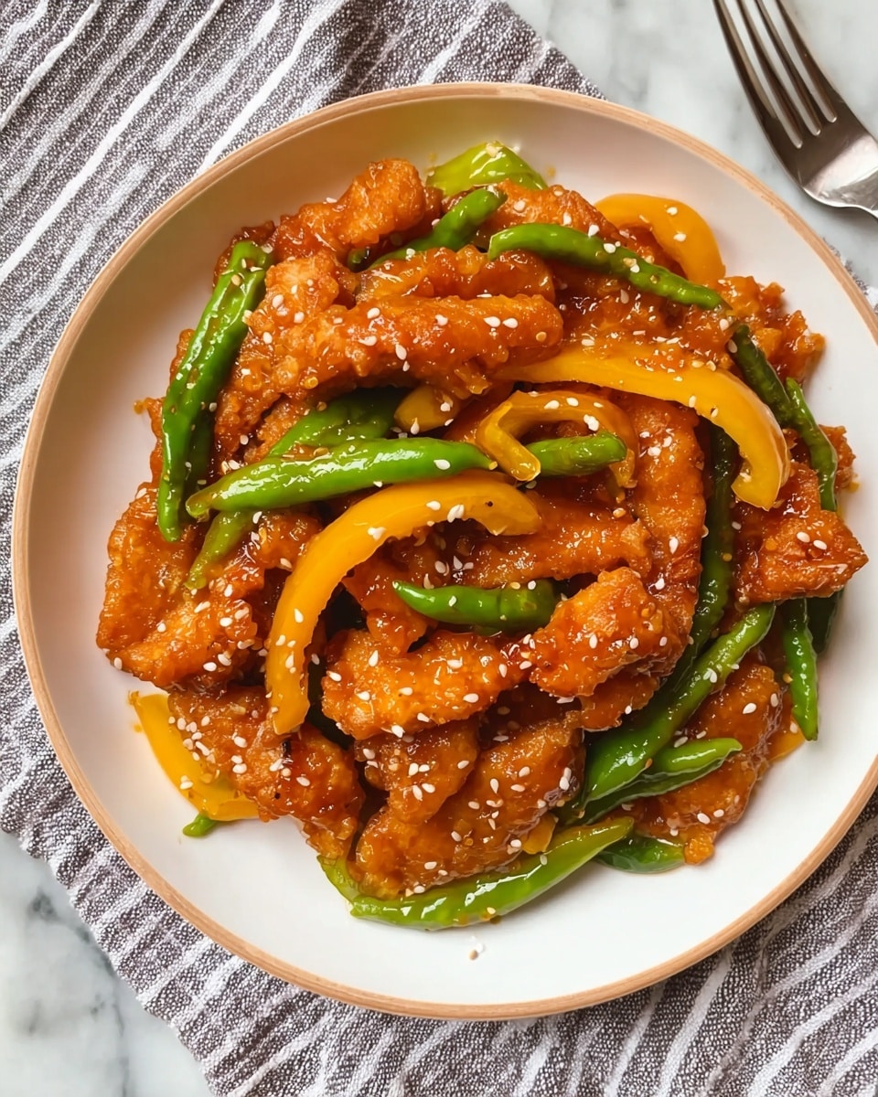 A white plate filled with crispy fried chicken pieces coated in a shiny orange sauce, mixed with long green chili peppers and bright yellow bell pepper strips. The chicken has a crunchy texture with a glaze that shines under the light, sprinkled with small white sesame seeds scattered across the dish. The plate sits on a white marbled surface with a gray and white striped cloth partially underneath, and part of a silver fork is visible at the edge. photo taken with an iphone --ar 4:5 --v 7