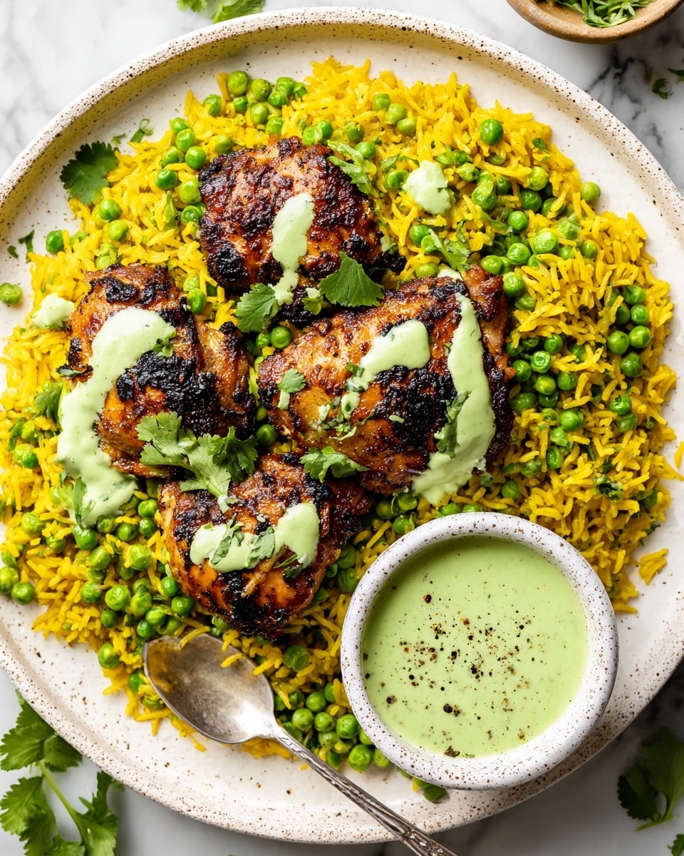 A large white speckled plate holds a vibrant meal with three dark brown grilled chicken thighs placed on top of a bright yellow bed of rice mixed with green peas. The grilled chicken has a slightly charred texture and is drizzled with a smooth light green sauce and sprinkled with fresh chopped cilantro leaves. The yellow rice, mixed with peas, forms a thick, even base layer that covers most of the plate. On the right side of the plate sits a small white speckled bowl filled with the same light green sauce, speckled with black pepper. A silver spoon rests on the bottom left side of the plate, lying on the rice with some peas and sauce on it. The entire setup is on a white marbled surface with some scattered cilantro leaves around. Photo taken with an iphone --ar 4:5 --v 7