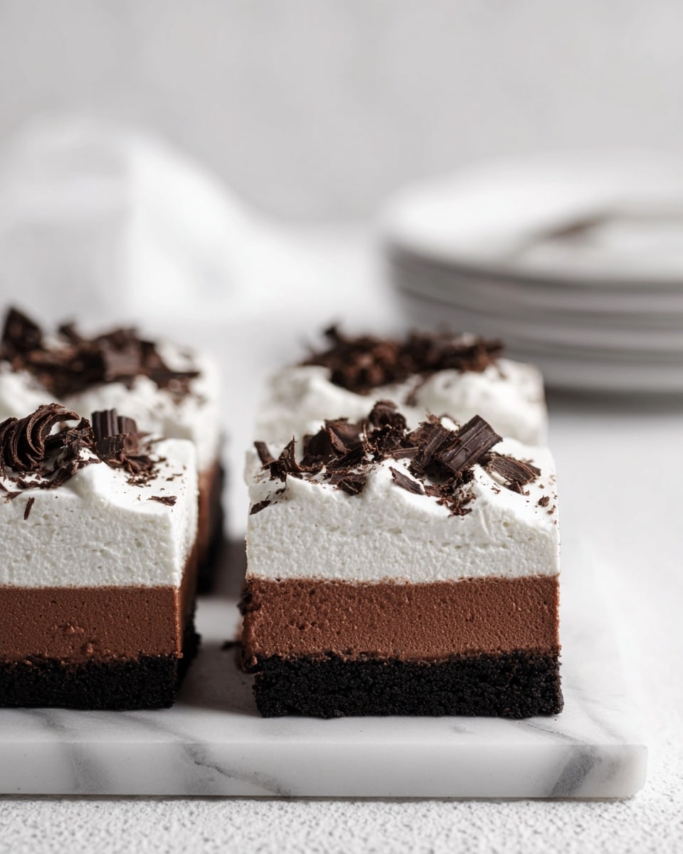 This image shows three square pieces of layered dessert placed side by side on a white marbled surface. Each piece has three layers: the bottom layer is a dark, crumbly cookie base; the middle layer is thick, smooth, and dark chocolate mousse; and the top layer is a bright white whipped cream, soft and fluffy in texture. On top of the whipped cream, there are dark chocolate curls scattered unevenly, adding a decorative touch. The background features a white marbled texture with stacked white plates slightly blurred, giving a clean and simple look. Photo taken with an iphone --ar 4:5 --v 7