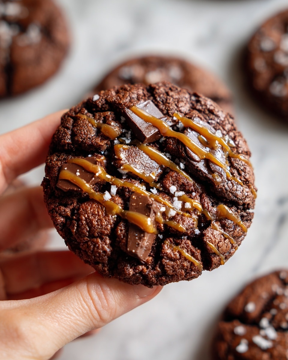 A close-up of a single round chocolate cookie held by a woman's hand shows a cracked, dark brown surface with embedded large shiny chocolate chunks. On top, there are thin lines of light brown caramel drizzle and scattered flakes of white sea salt. In the background, other similar cookies lie on a white marbled texture, slightly out of focus. photo taken with an iphone --ar 4:5 --v 7