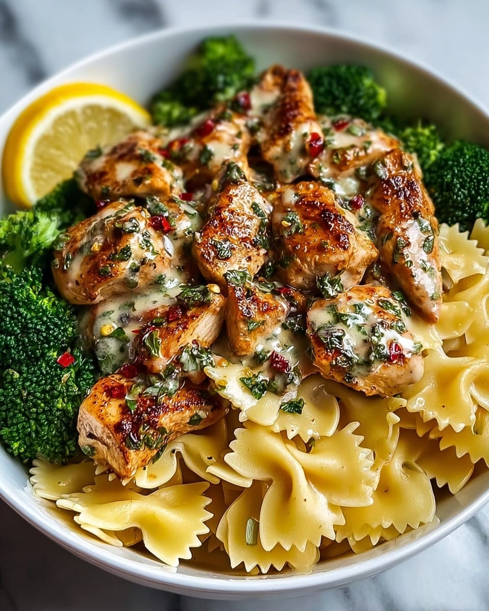 A white bowl filled with three layers: the bottom layer is green broccoli florets, the middle layer is yellow bowtie pasta arranged loosely, and the top layer is several browned, grilled chicken pieces coated with a light creamy sauce mixed with green herbs and small red chili flakes. A thin lemon wedge is placed on one side near the broccoli. The bowl sits on a white marbled surface. photo taken with an iphone --ar 4:5 --v 7