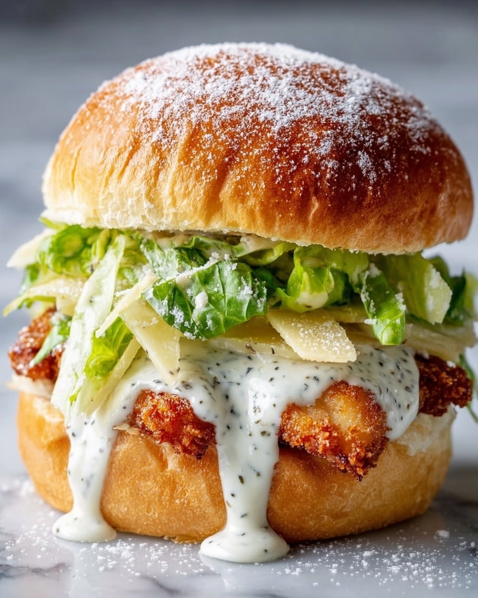 A close-up image of a sandwich on a white marbled surface showing a crispy golden-brown fried chicken fillet as the main layer, topped with fresh light green lettuce leaves and thin, pale yellow cheese shavings. White creamy sauce with black specks oozes out from beneath the lettuce, dripping down the soft, slightly toasted golden brown sandwich bun that has a dusting of white powder on the top. The sandwich looks juicy and fresh with layers clearly visible, creating a textured and colorful contrast. Photo taken with an iphone --ar 4:5 --v 7