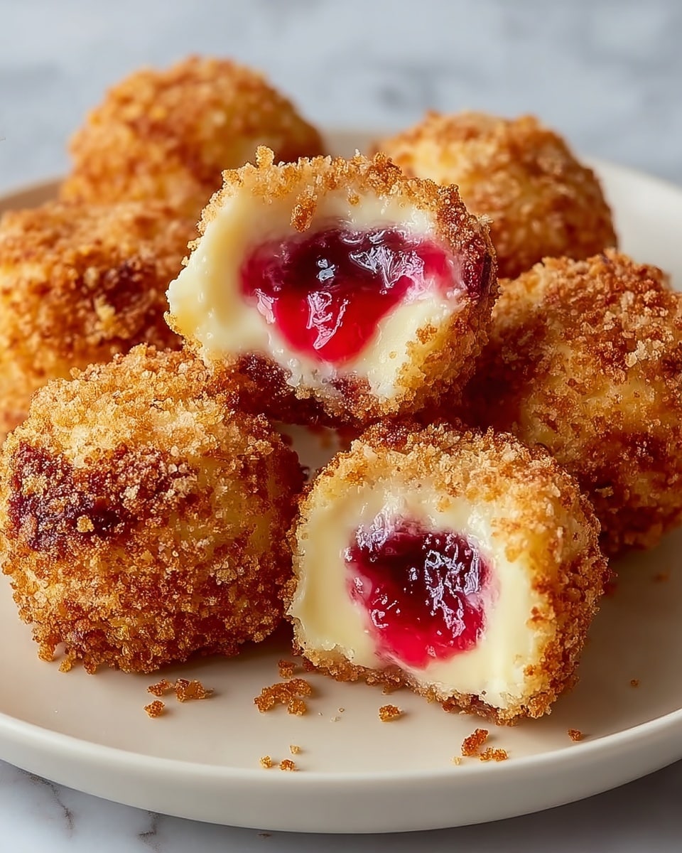 The image shows six small round creamy dessert balls on a white plate with a white marbled background. Each ball has a rough, golden-brown crunchy outer layer. Inside, the dessert has two inner layers: a smooth, pale yellow creamy layer and a bright red fruity filling that looks thick and slightly glossy. The red filling is visible in the two balls that are cut open on top, one resting on the other and one leaning on the plate. The outer crumb coating looks crisp and textured, covering the entire surface of the balls. Photo taken with an iphone --ar 4:5 --v 7