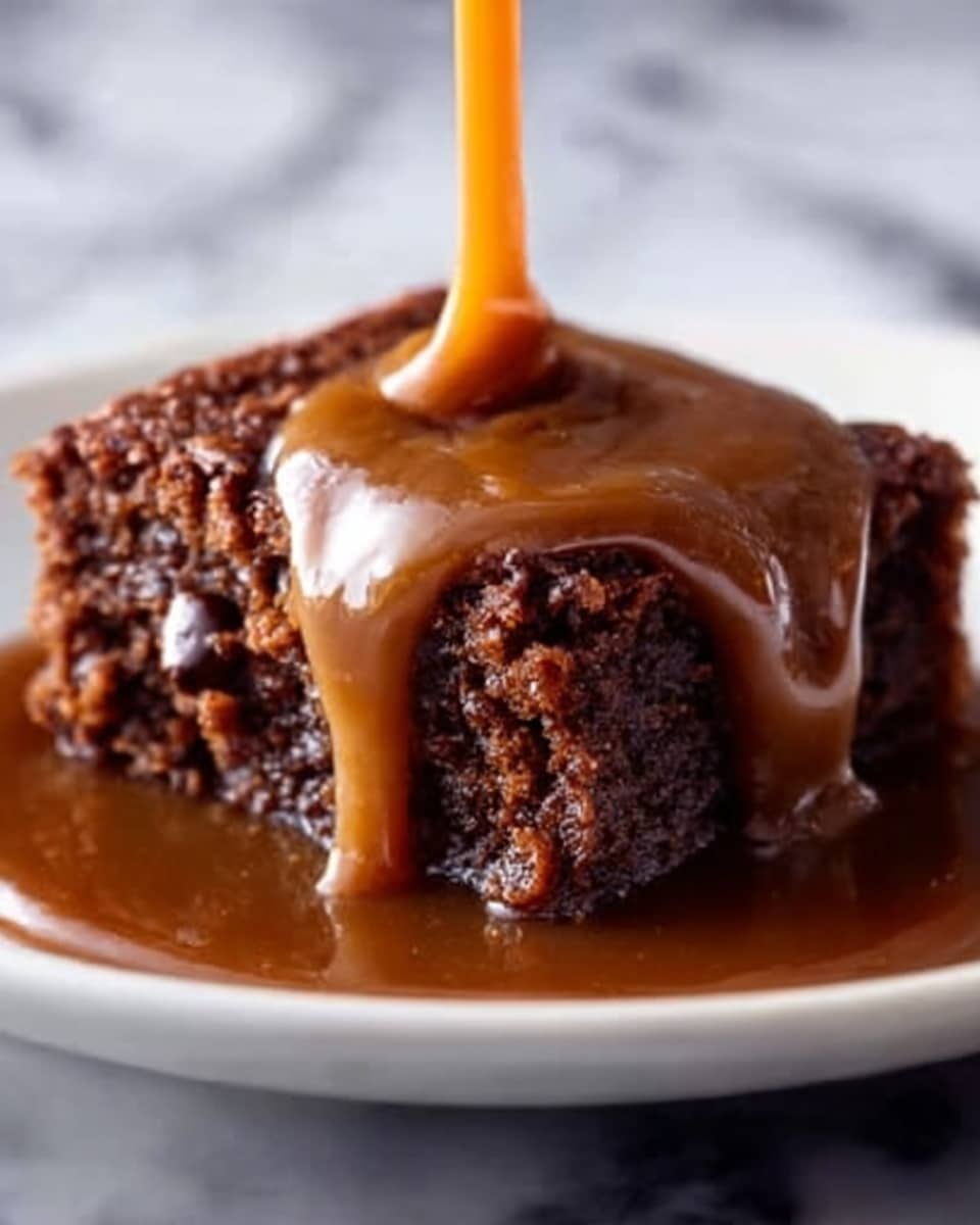 A close-up view of a square chocolate dessert with a moist, dense texture and small chocolate chunks inside, placed on a white plate. Rich caramel sauce is being poured over the top, creating a shiny, smooth layer that drips down the sides, contrasting with the textured surface of the chocolate dessert. The background shows a white marbled texture. Photo taken with an iphone --ar 4:5 --v 7