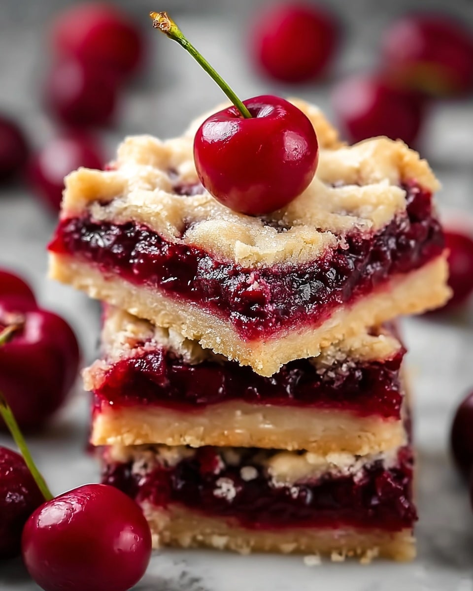 A stack of three square cherry dessert bars is shown, each with three layers: a light golden crust at the bottom, a thick, glossy deep red cherry filling in the middle, and a crumbly, pale lattice crust on top. The top bar is decorated with a single bright red cherry with a green stem. More deep red cherries are scattered around the bars, which sit on a white marbled surface. Photo taken with an iphone --ar 4:5 --v 7