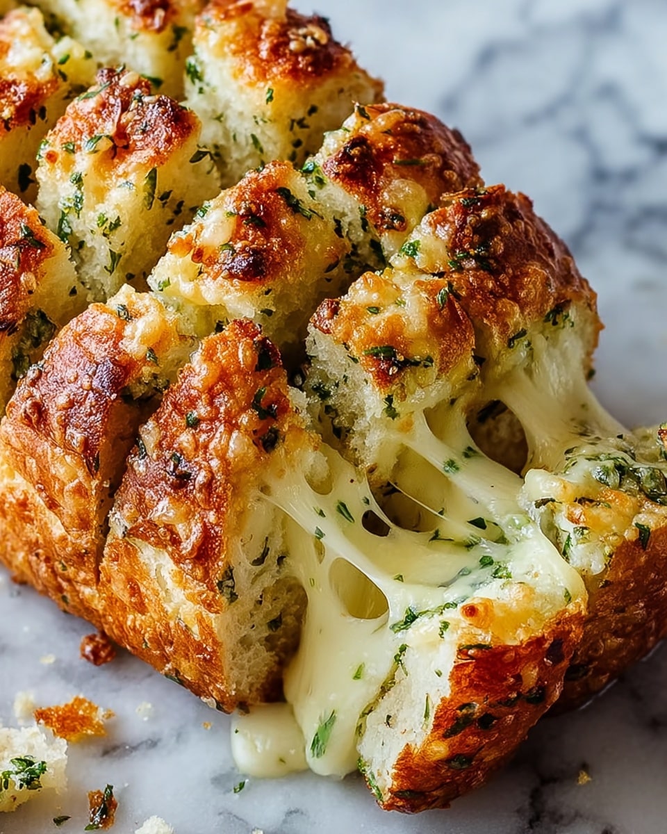 The image shows a thick loaf of garlic bread cut into square pieces but still connected at the bottom, with each piece having a golden brown, crispy crust topped with green herbs and melted garlic, giving a textured look. Between the cuts, strings of melted white cheese stretch out, soft and gooey, contrasting with the crunchy bread crust. The bread is placed on a white marbled surface with some small crumbs around, emphasizing its fresh, warm texture. photo taken with an iphone --ar 4:5 --v 7