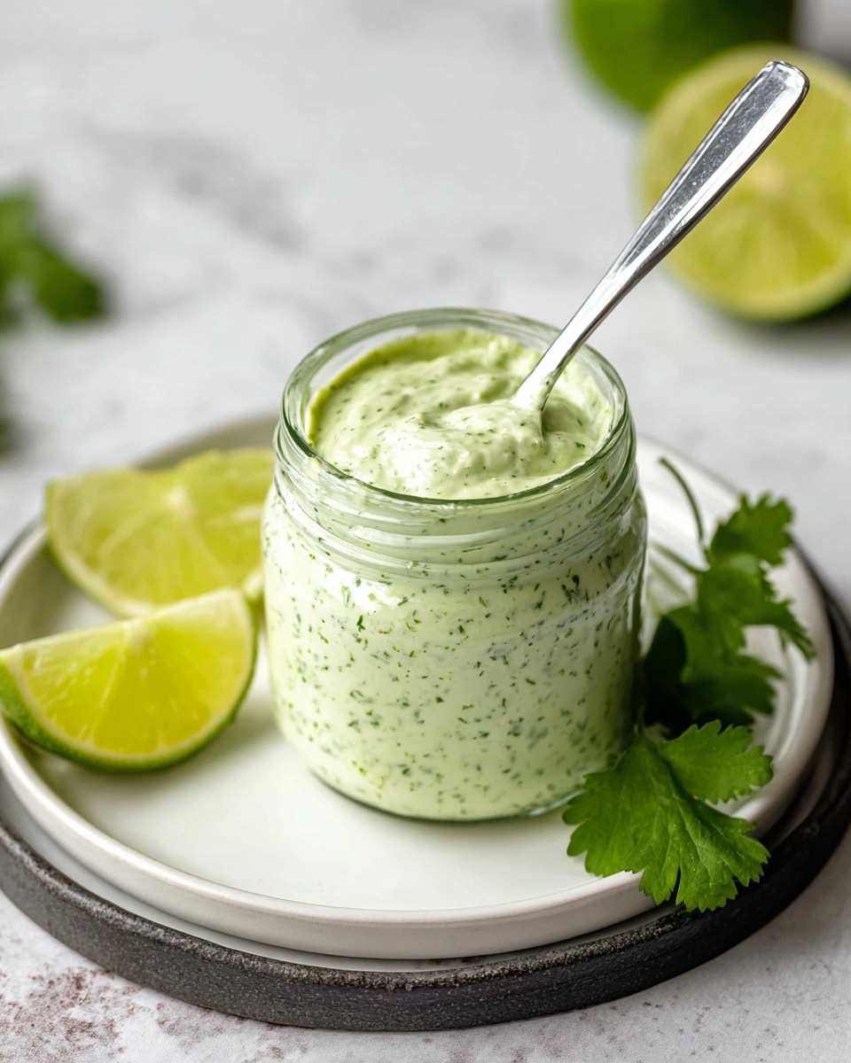 A small clear glass jar filled to the top with a thick, creamy green sauce speckled with darker green herbs, showing a smooth and textured mix. A silver spoon is placed inside the jar, angled to the right. The jar sits on a white plate with two fresh lime slices leaning against it on the left side, and a bright green cilantro leaf resting near the lime. The plate is placed on a round dark tray, all set on a white marbled surface. In the background, blurred lime halves and green herbs can be seen. photo taken with an iphone --ar 4:5 --v 7