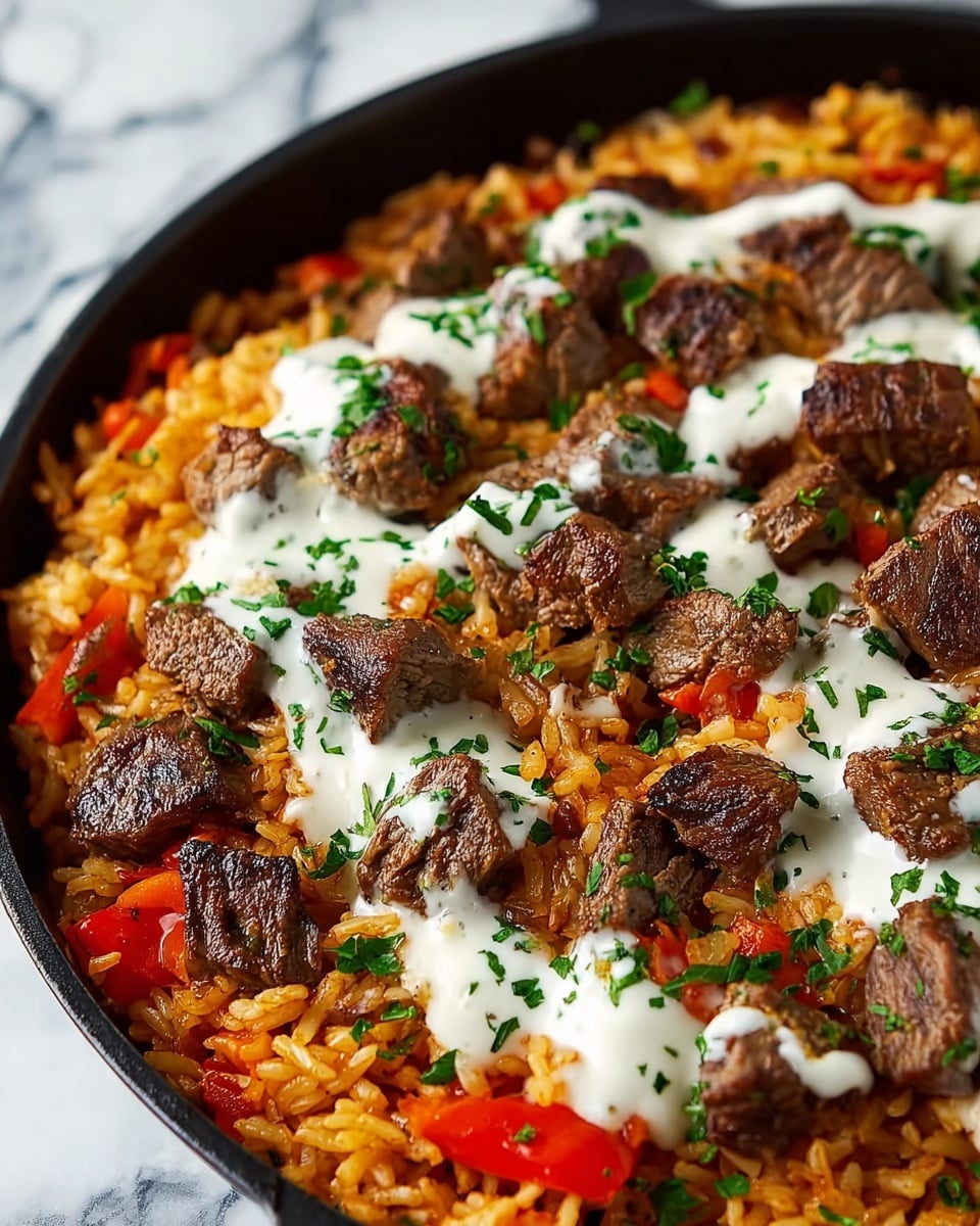 The dish is served in a white bowl with a base layer of orange-colored seasoned rice that looks fluffy and moist, covering the whole bottom. On top of the rice, there are thick slices of medium-rare steak arranged around the center, showing a pink inside and seared brown edges. In the middle, melted white and light yellow cheese covers a portion of the steak pieces, with small green herb bits, likely parsley, sprinkled on top for color contrast. The bowl rests on a white marbled surface. Photo taken with an iphone --ar 4:5 --v 7