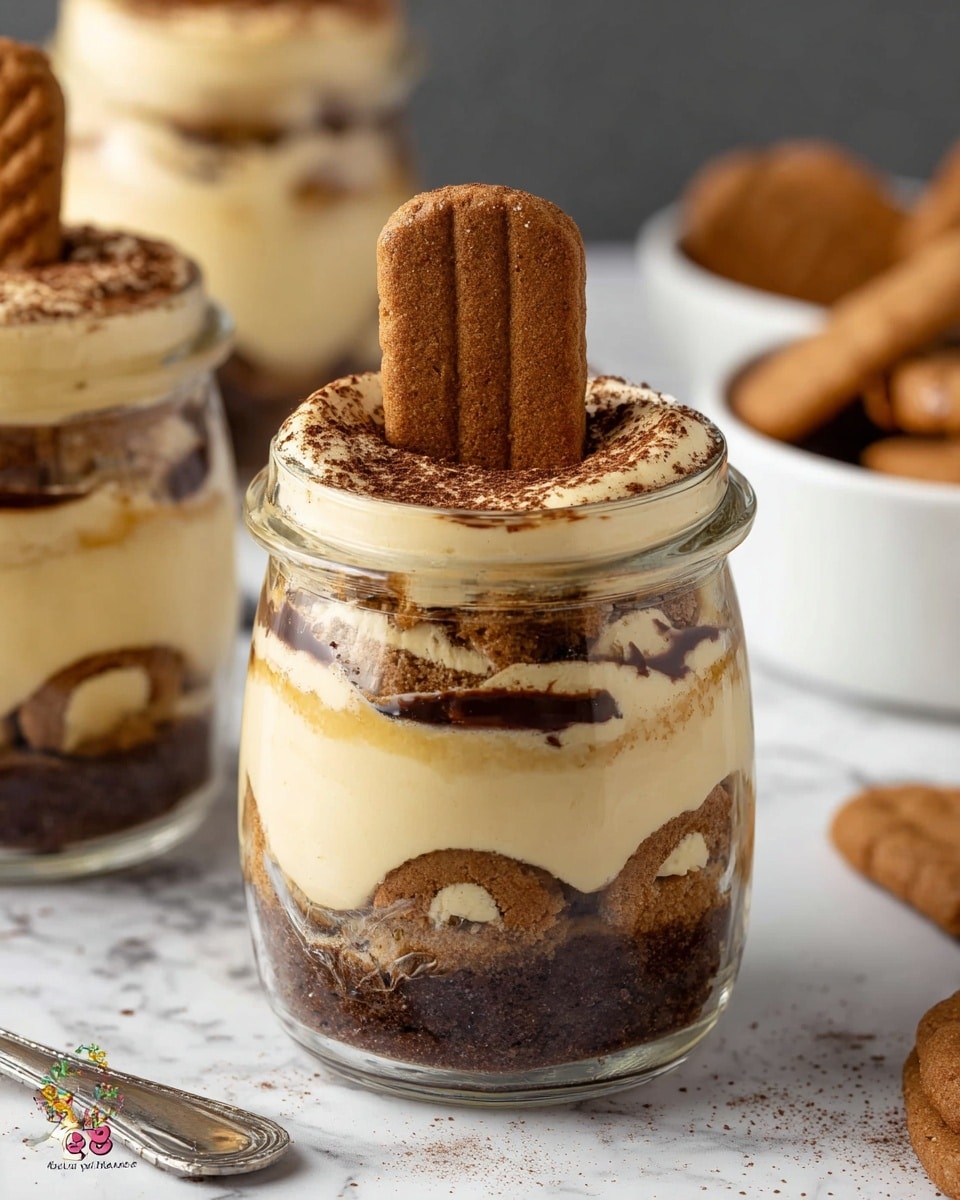 The image shows four small glass jars filled with a layered dessert. Each jar has three main light cream-colored layers that look smooth and creamy, separated by thin dark brown layers of crumbled cookies or cocoa powder. At the bottom, there is a thicker layer of crushed brown cookies. The top layer is dusted with cocoa powder and decorated with one whole square light brown cookie placed vertically in each jar. The jars are placed on a white marbled surface with a soft focus on the background. The overall look is neat and inviting, showing a rich and creamy dessert with clearly visible layers and textures. Photo taken with an iphone --ar 4:5 --v 7
