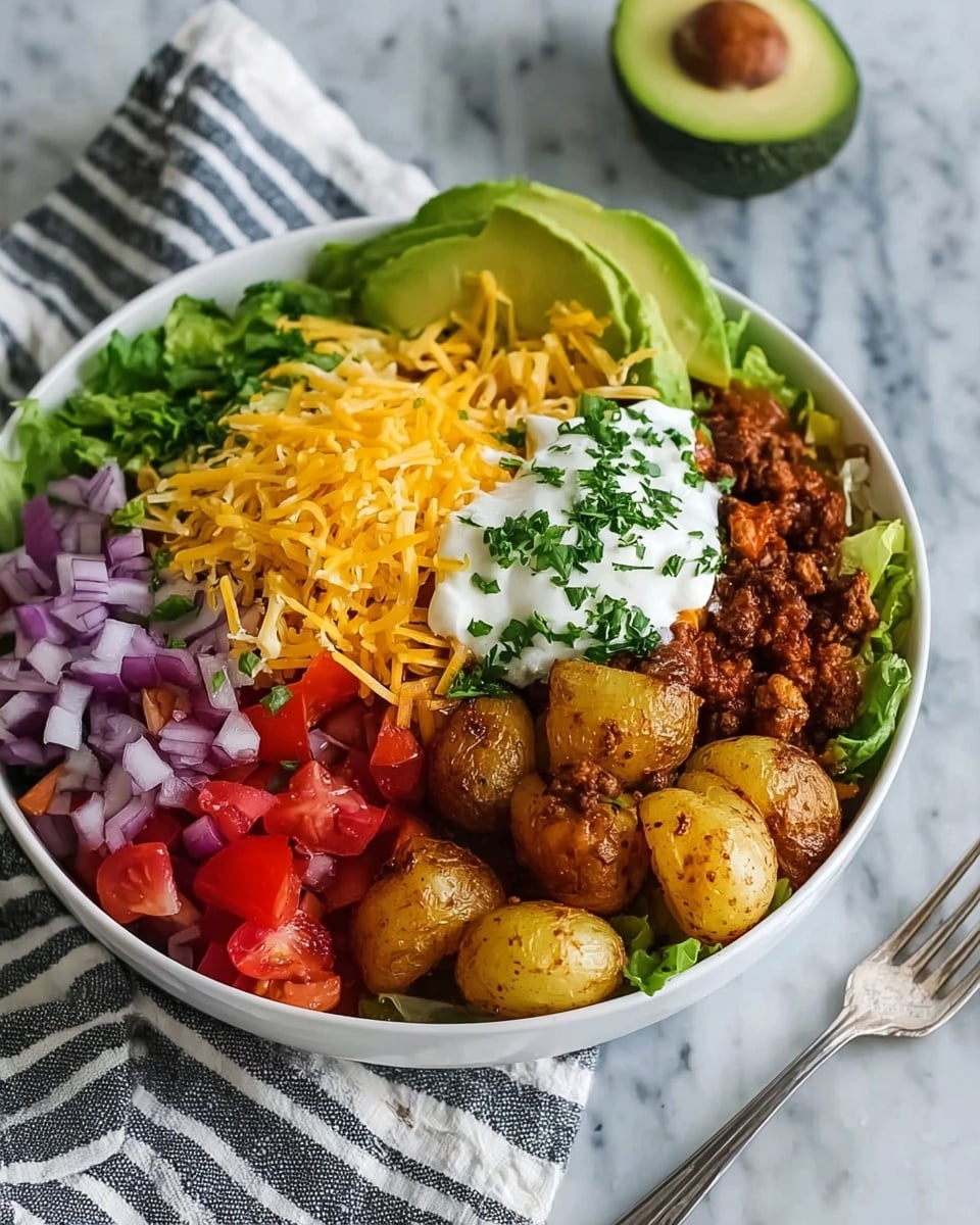 A white bowl filled with several colorful layers arranged neatly. At the bottom is a base of green lettuce visible along the sides, topped on one side with browned seasoned small potatoes mixed with ground beef in a dark red sauce. Next to this is a bright yellow-orange shredded cheese layer. Beside the cheese, there is a dollop of white sour cream sprinkled with chopped green herbs. Near the sour cream, there are pieces of red chopped tomatoes and small cubes of purple onion. At the back edge of the bowl, there is a halved avocado with bright green flesh. The bowl sits on a white marbled surface with a fork and a striped cloth napkin alongside. Photo taken with an iphone --ar 4:5 --v 7