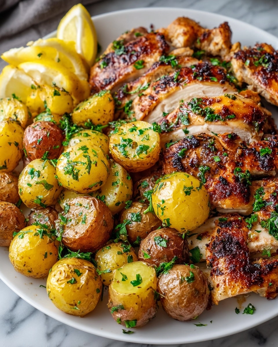 A white plate filled with a close-up of a meal showing two main layers: the bottom layer is small yellow and brown roasted potatoes with a slightly shiny surface, sprinkled with chopped fresh green herbs, scattered all over the plate; the top layer consists of grilled chicken, some pieces whole with a browned crispy skin and some sliced to show juicy white interior, also sprinkled with green herbs; a couple of lemon slices on the left add a bright yellow accent. The background is a white marbled texture. photo taken with an iphone --ar 4:5 --v 7