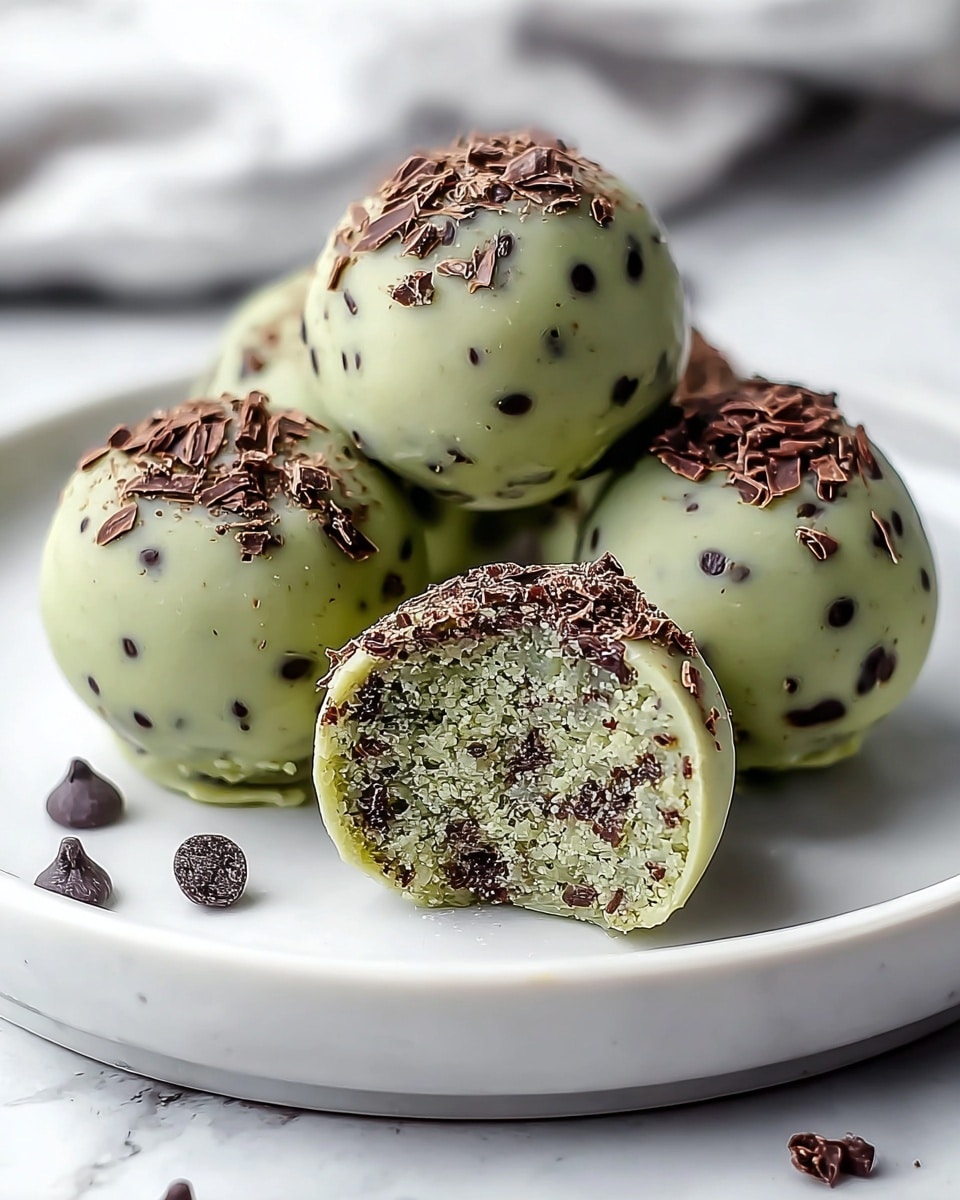 The image shows five round truffles on a white plate placed on a white marbled surface. Each truffle has three visible layers: the outer layer is a smooth light green coating with small dark brown chocolate chips scattered in it; the inner layer is a dense, crumbly light green filling mixed evenly with tiny dark chocolate bits; the top layer is garnished with larger, irregularly shaped dark brown chocolate flakes sprinkled over the truffles. One truffle is cut in half and placed at the center, revealing the inner texture, while the others are whole and arranged around it. A few dark chocolate chips are scattered on the plate near the truffles. photo taken with an iphone --ar 4:5 --v 7