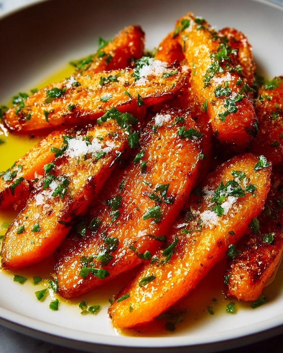 The image shows several pieces of golden-orange glazed carrots on a white plate. Each carrot piece is cut lengthwise and has a caramelized, slightly crispy texture with small crunchy bits on the surface. The carrots are garnished with finely chopped green herbs sprinkled evenly on top, along with coarse white salt crystals that add contrast and texture. The dish looks shiny with a light layer of oil or butter coating the carrots, making them look juicy and flavorful, all placed on a white marbled surface. photo taken with an iphone --ar 4:5 --v 7