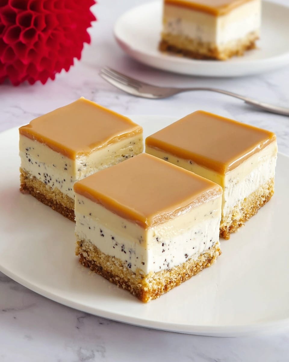 A square-shaped dessert with three clear layers sits on a white plate on a white marbled surface. The bottom layer is a crumbly light brown crust, the middle layer is thick and creamy white with small black specks throughout, and the top layer is a smooth, shiny light brown glaze. A woman's hand is holding a fork, gently pressing down into the top glaze layer, showing its soft texture. In the background, more pieces of the same dessert sit on a white square plate. photo taken with an iphone --ar 4:5 --v 7