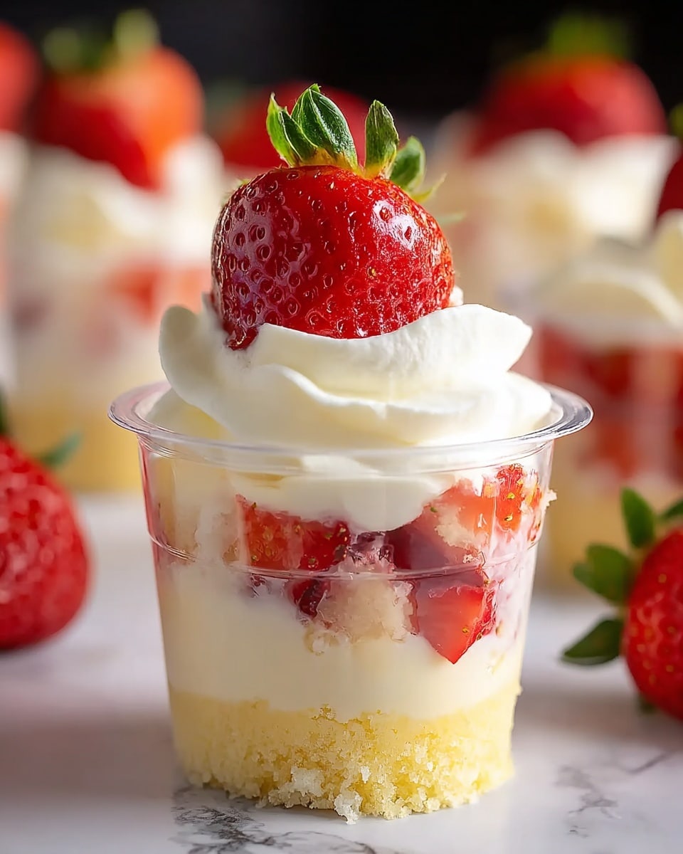 A small clear cup dessert with three visible layers: the bottom layer is a crumbly light yellow cake base; the middle layer is creamy white filling mixed with small pieces of bright red strawberries; the top layer is smooth white whipped cream crowned with one whole vibrant red strawberry with green leaves; the cup sits on a white marbled surface with other strawberries blurred in the background. photo taken with an iphone --ar 4:5 --v 7