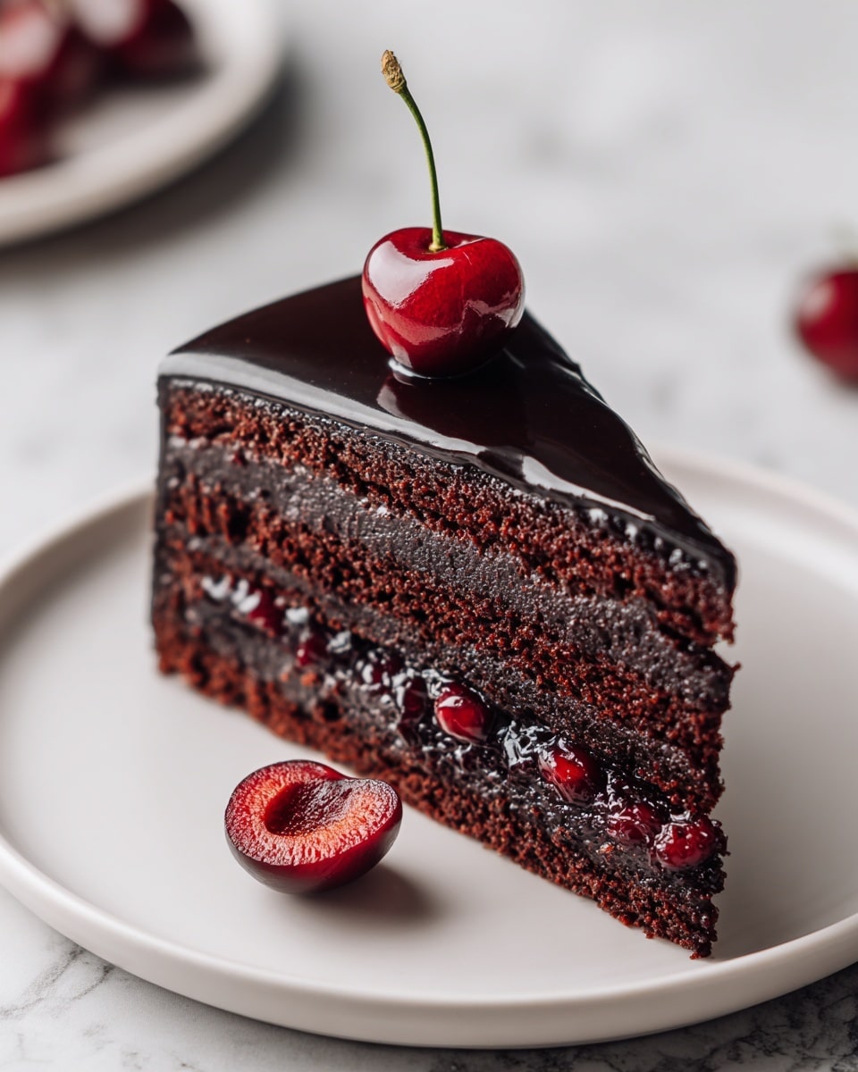 The image shows a square chocolate cake with three main layers. The bottom and top layers are dark, rich chocolate sponge, while the middle layer is thick with shiny, dark red cherry filling. The very top layer is covered with a smooth, glossy dark chocolate glaze. On top of the cake, there are whole shiny red cherries with stems and curled dark chocolate shavings scattered around. The cake sits on a white marbled surface with a few small chocolate crumbs nearby. photo taken with an iphone --ar 4:5 --v 7