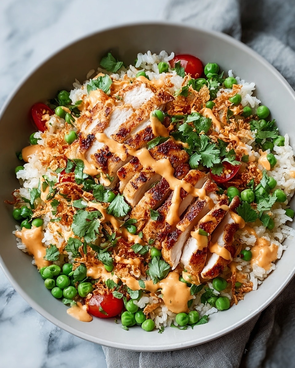 A white bowl filled with a base layer of fluffy, white rice mixed with bright green peas and small red cherry tomato pieces. On top of the rice, there are sliced grilled chicken strips with a light brown char on the edges, arranged in a fan shape in the center. The dish is sprinkled with crispy golden-brown fried onions, and fresh green cilantro leaves are scattered on top and around the edges. A creamy, light orange sauce is drizzled over everything in thin lines, adding a rich texture and color contrast. The bowl is placed on a white marbled surface with a soft gray cloth partially visible underneath. Photo taken with an iphone --ar 4:5 --v 7