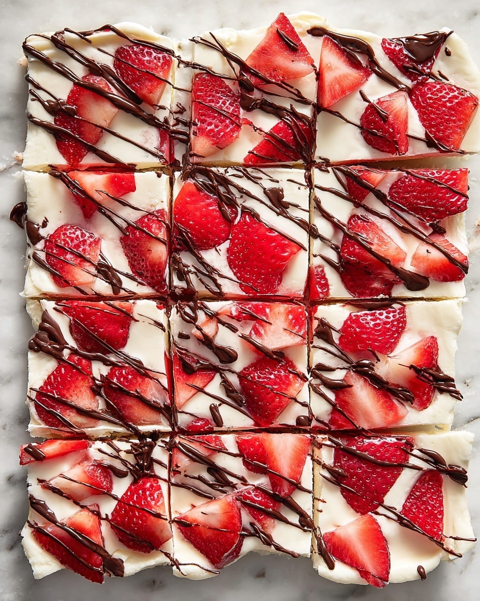 The image shows a dessert cut into twelve square pieces laid out on a white marbled surface. The base layer is smooth and creamy white, topped with fresh, thinly sliced bright red strawberries spread evenly across the surface. Thin streams of rich dark brown chocolate are drizzled artistically over the strawberries, adding texture and contrast. The edges of the dessert are slightly uneven, showing the soft, creamy consistency of the base. The overall look is fresh, colorful, and inviting. photo taken with an iphone --ar 4:5 --v 7