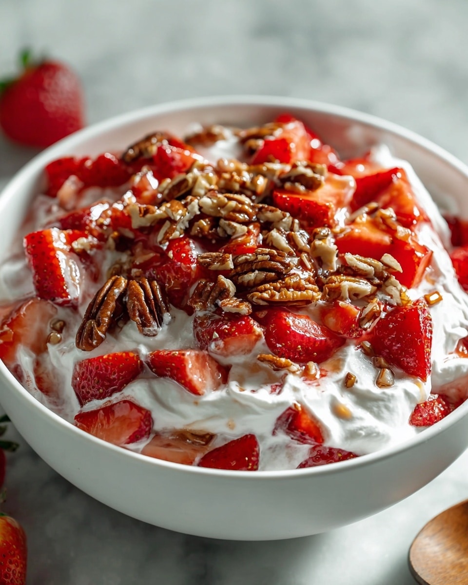 The image shows a white bowl filled with a layered dessert featuring fresh red strawberry slices, a thick layer of white whipped cream, and a generous topping of golden brown pecans. The strawberries are cut into halves and quarters, covering the cream layer and mixing slightly into it. The whipped cream looks soft and fluffy, while the pecans add a crunchy texture scattered evenly on top. The bowl is placed on a white marbled surface with some blurred strawberries visible near it. Photo taken with an iphone --ar 4:5 --v 7