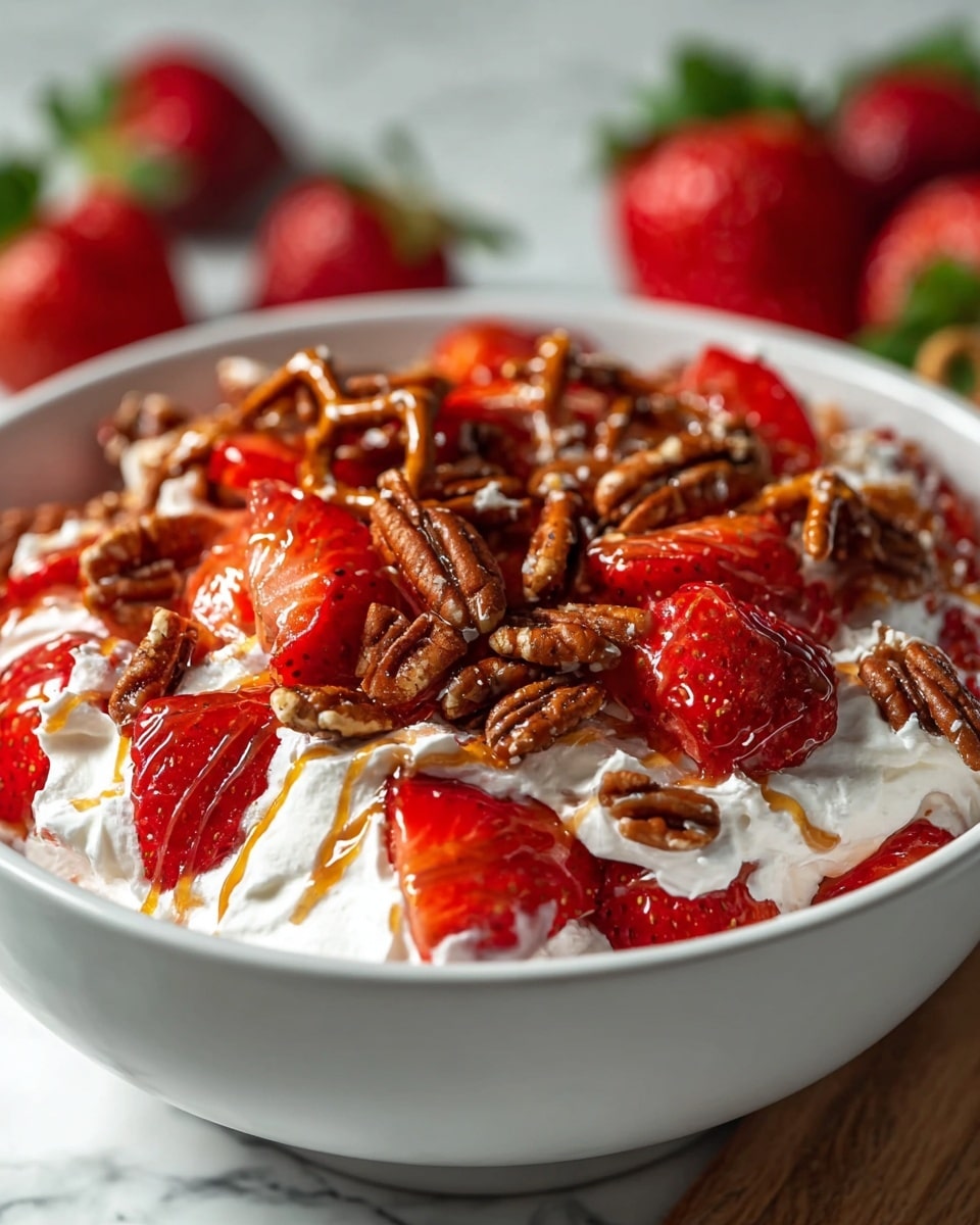 The dish is served in a white bowl filled with several layers. The bottom layer is white whipped cream with a soft, fluffy texture. On top of this, there are bright red sliced strawberries spread evenly, their juicy seeds visible. The top layer is a mix of crunchy brown pecans and dark golden pretzels scattered over the strawberries and cream. There is a light drizzle of caramel sauce over the top, adding a shiny, sticky texture. In the background, there are whole strawberries blurred against a white marbled surface. Photo taken with an iphone --ar 4:5 --v 7