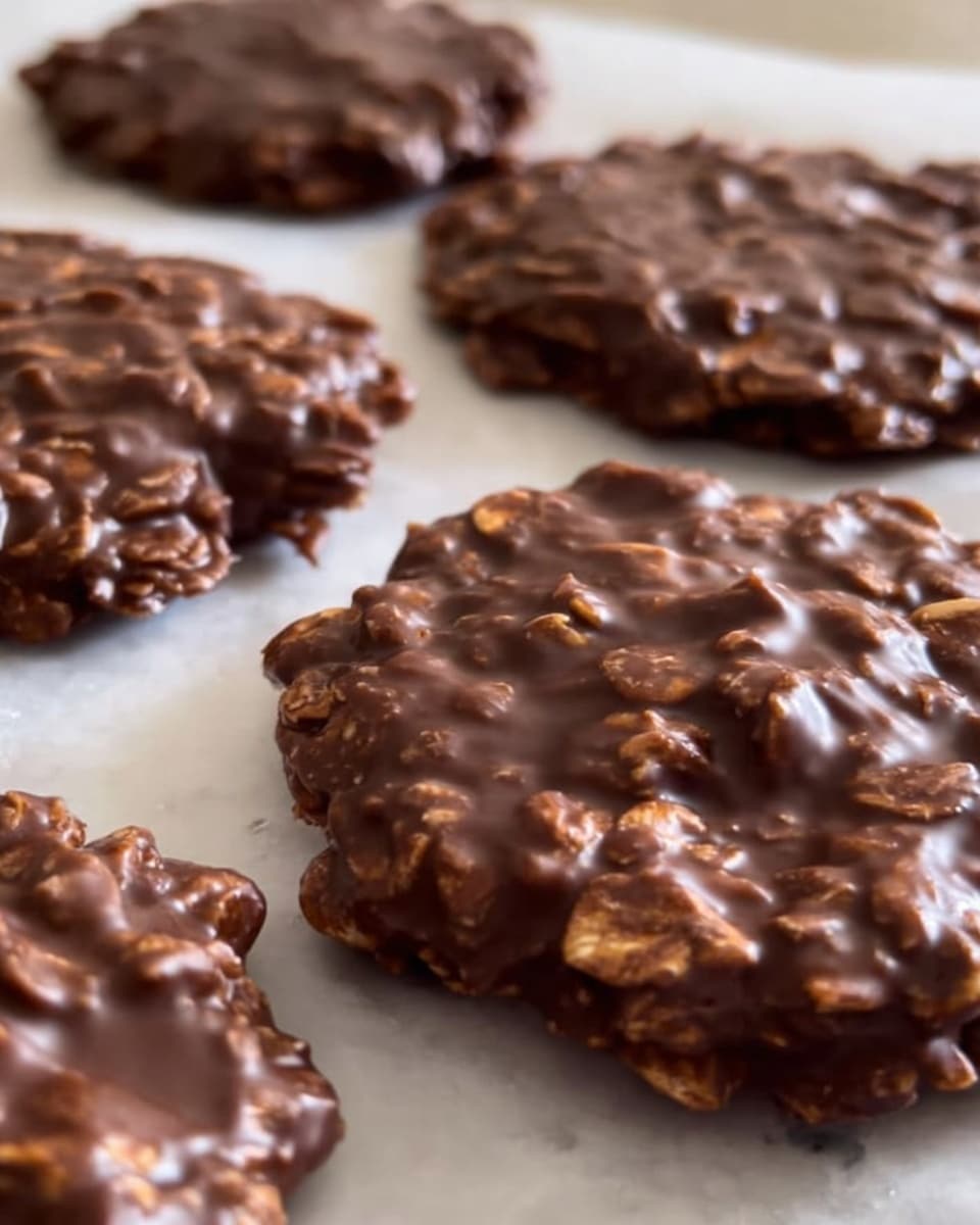 A close-up image showing several flat, round no-bake cookies laid out on a white marbled surface. Each cookie has a rough texture with visible oats mixed in a dark brown, glossy chocolate layer. The cookies have uneven edges and are arranged in a scattered grouping, with some in focus and others blurred in the background, showing depth. photo taken with an iphone --ar 4:5 --v 7