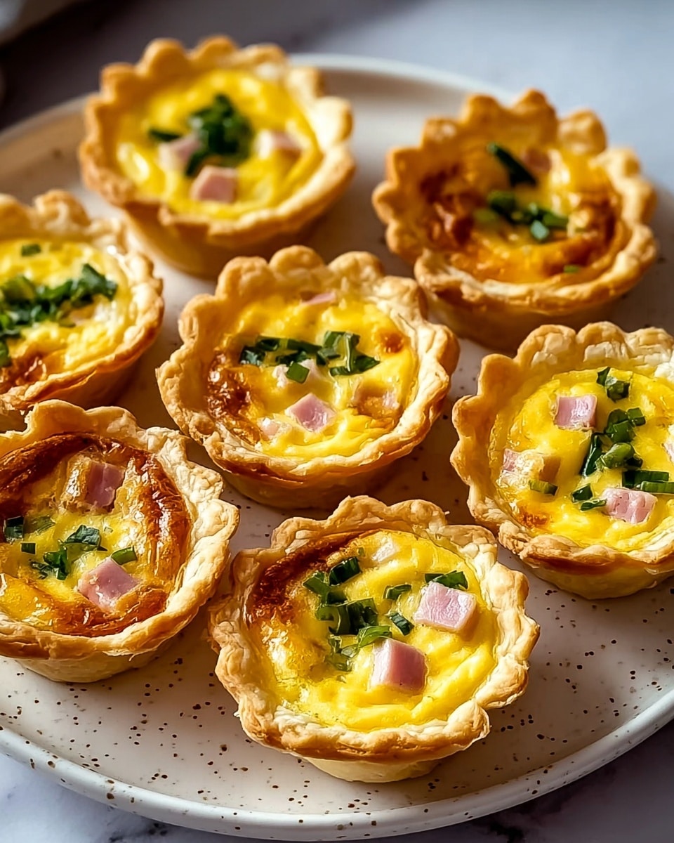 Eight small quiche cups arranged on a white plate with small brown speckles. Each quiche has a golden, flaky crust forming one thick, crimped layer around the edges. Inside, there is a bright yellow egg mixture with a smooth, slightly glossy texture. Scattered within the egg layer are small cubes of light pink ham and chopped green herbs giving pops of color. The quiche tops have a slightly browned, baked finish showing a few crispy edges. The plate is placed on a white marbled surface with soft natural light highlighting the warm tones of the quiches. Photo taken with an iphone --ar 4:5 --v 7