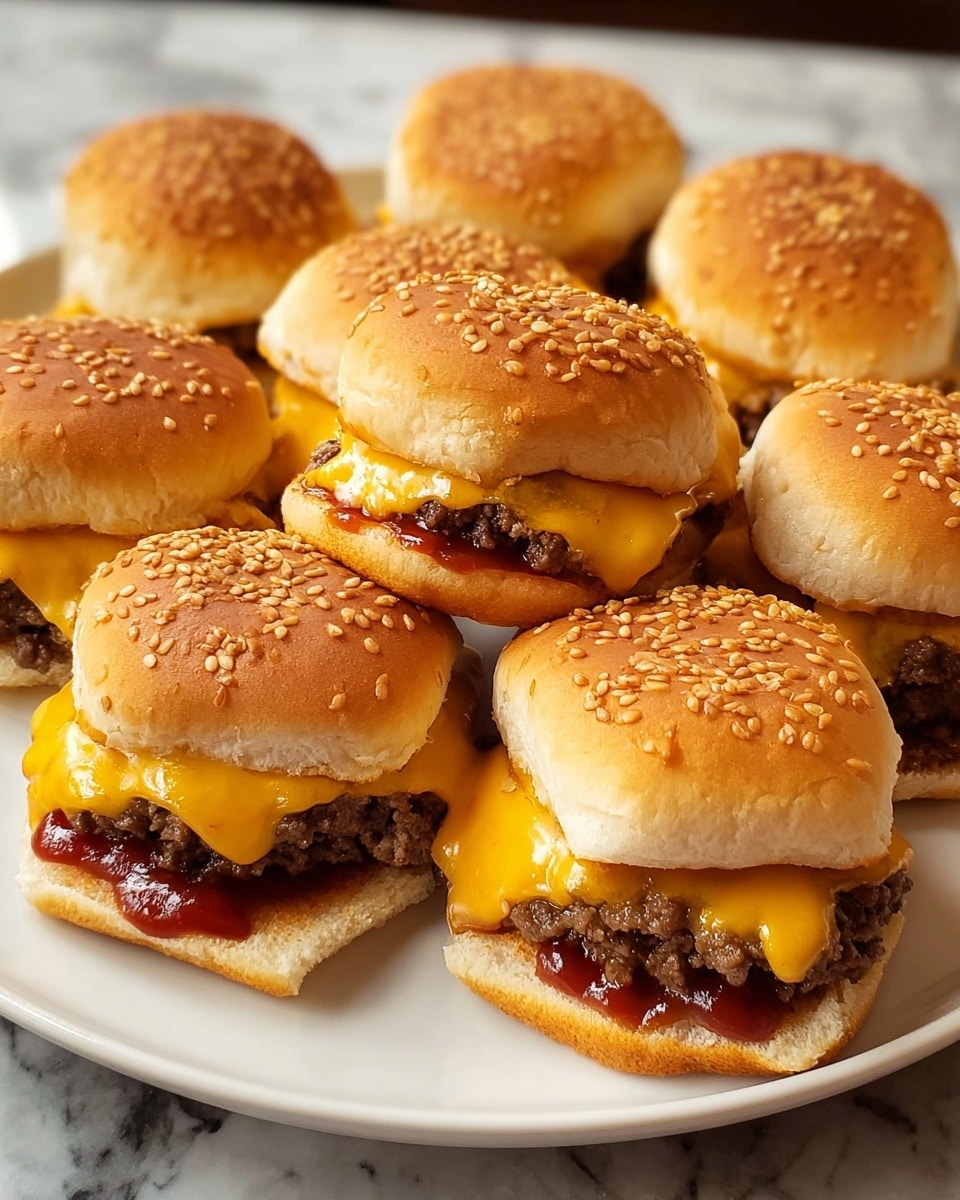 There are eight small cheeseburgers arranged on a white plate. Each cheeseburger has three layers: a golden brown sesame seed bun on top with a soft texture, melted bright yellow cheddar cheese in the middle that slightly drapes over the edges, and a cooked ground beef patty that looks juicy and browned at the bottom. One cheeseburger in front shows a layer of red ketchup just under the top bun. The plate is placed on a white marbled surface, creating a clean and simple background. photo taken with an iphone --ar 4:5 --v 7