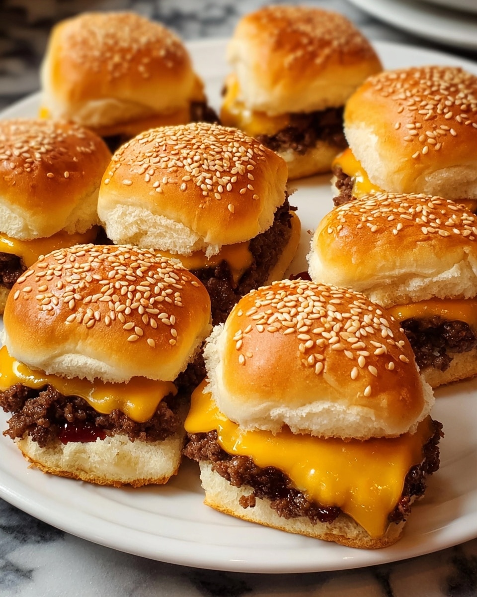 A white plate holds eight small cheeseburgers arranged closely together. Each cheeseburger has three layers: a bottom soft bun that is light beige and fluffy, a middle layer of dark brown cooked ground beef topped with melting bright orange cheddar cheese, and a top golden brown bun sprinkled generously with white sesame seeds. Some burgers show a small amount of red ketchup peeking out between the cheese and the top bun. The white plate sits on a white marbled surface. photo taken with an iphone --ar 4:5 --v 7