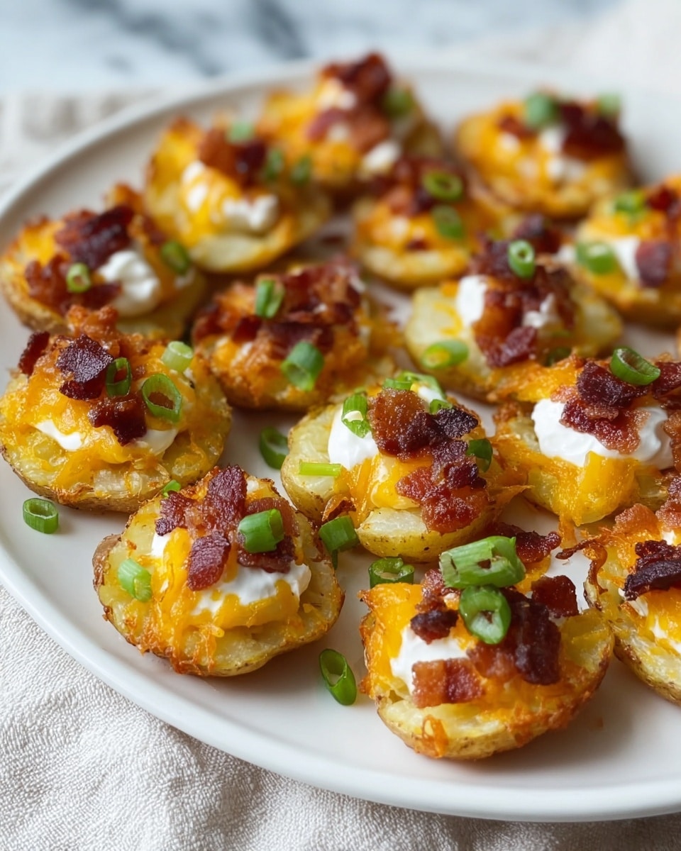 A white plate filled with two layers of small, round, crispy potato bites that have a golden-brown base. Each potato bite is topped with a small dollop of white sour cream, melted bright orange cheddar cheese, and crispy, dark reddish-brown bacon pieces. On top, small slices of fresh green onions add a pop of color. The white plate rests on a soft-textured light-colored cloth over a white marbled background. Photo taken with an iphone --ar 4:5 --v 7