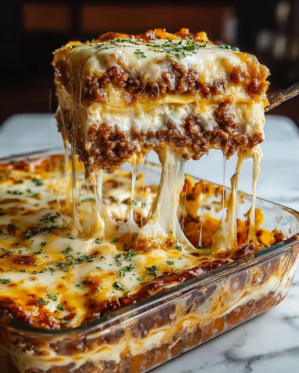 A close-up view of a greasy lasagna in a clear glass baking dish on a white marbled surface. The lasagna has three visible layers: a bottom thick layer of browned minced meat, a middle creamy white cheese layer, and a top layer of melted golden-yellow and white cheese that is bubbling and stretchy as a slice is lifted. The top is sprinkled with small green herbs, and the melted cheese is dripping down from the lifted slice, showing its gooey texture. Photo taken with an iphone --ar 4:5 --v 7