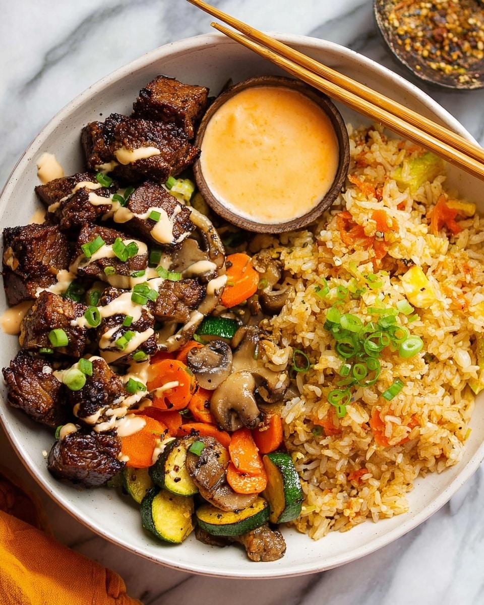 A white bowl holds a colorful meal divided into three main sections: on the left, dark brown grilled meat cubes are drizzled with a light sauce and topped with small green onion pieces; below the meat, a mix of sautéed vegetables including bright orange carrot slices, light brown mushrooms, and green zucchini pieces also have a drizzle of the same light sauce; on the right, a heap of golden fried rice with small bits of carrot and other vegetables has a sprinkle of chopped green onions on top. A small round dish with creamy orange dipping sauce is placed near the top center inside the bowl, and a pair of wooden chopsticks rests on the edge of the bowl. The background is a white marbled surface. photo taken with an iphone --ar 4:5 --v 7