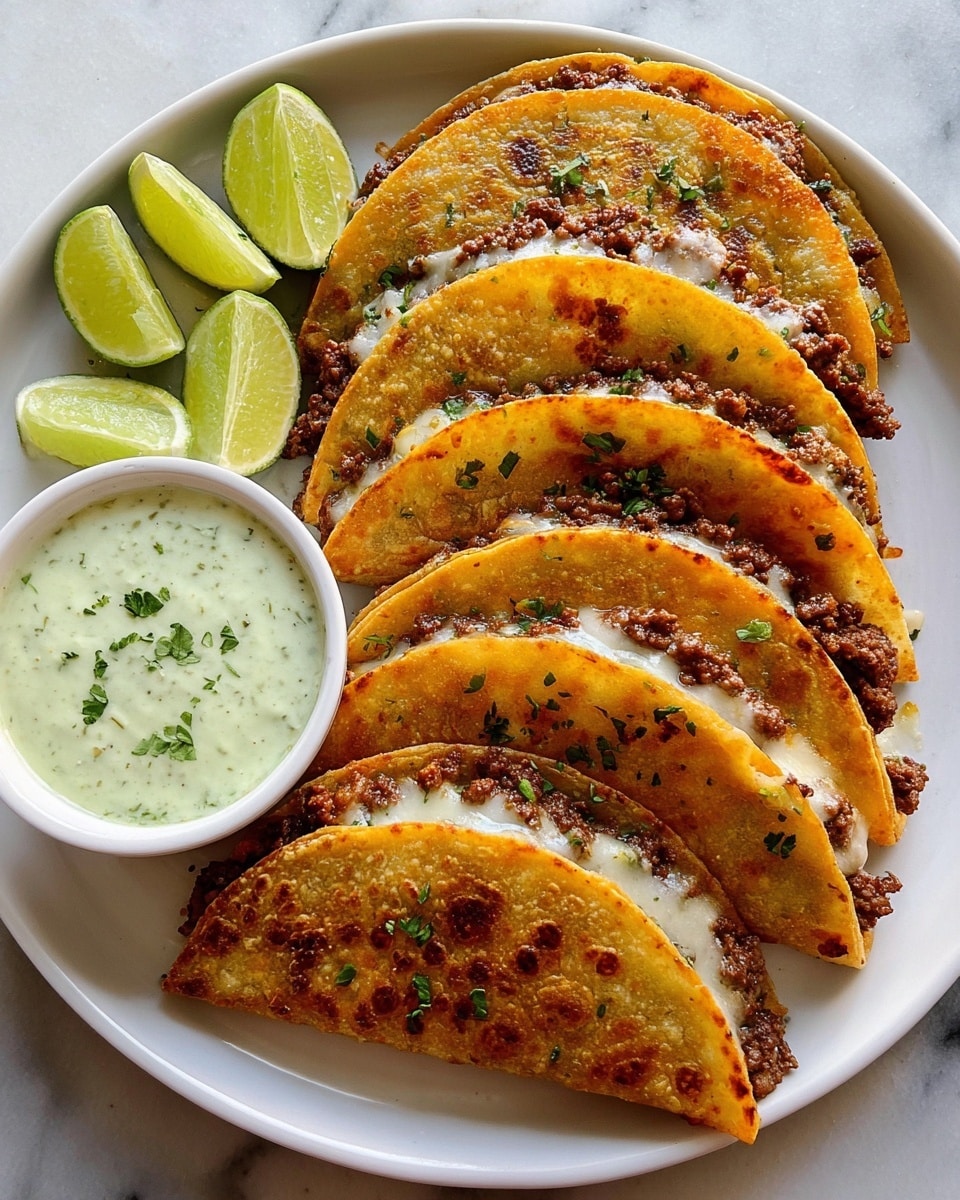 Four golden-brown, crispy tacos are folded and placed overlapping on a white plate. Each taco shell shows browned spots with a slightly rough texture and is filled with a visible layer of seasoned ground beef and melted cheese peeking out along the edges. Small green bits of chopped herbs are sprinkled on top of the tacos. To the left side of the plate, there is a small white bowl filled with a creamy, pale green sauce that has a slightly chunky texture. Around the bowl, there are four lime wedges with a fresh, light green color and visible juicy segments. The plate is set on a white marbled surface. photo taken with an iphone --ar 4:5 --v 7