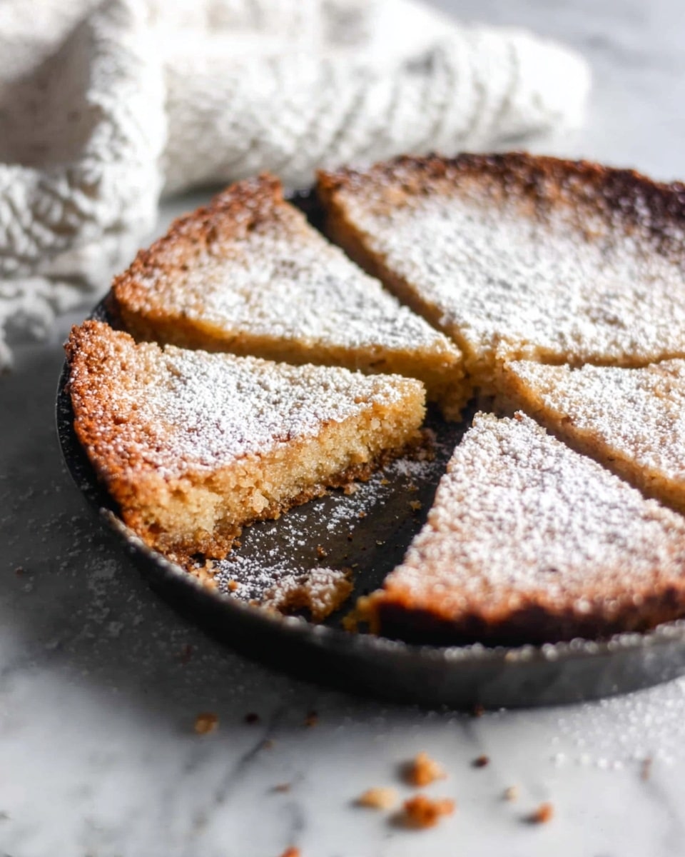 The image shows a round pie sliced into four pieces in a dark pan, with one slice slightly pulled out. The pie has a golden-brown crust with a crumbly texture, topped with a light dusting of white powdered sugar. The surface is uneven and crispy, with some crumbs scattered inside the pan and on the white marbled surface around it. A white, knitted cloth is softly blurred in the background. Photo taken with an iphone --ar 4:5 --v 7