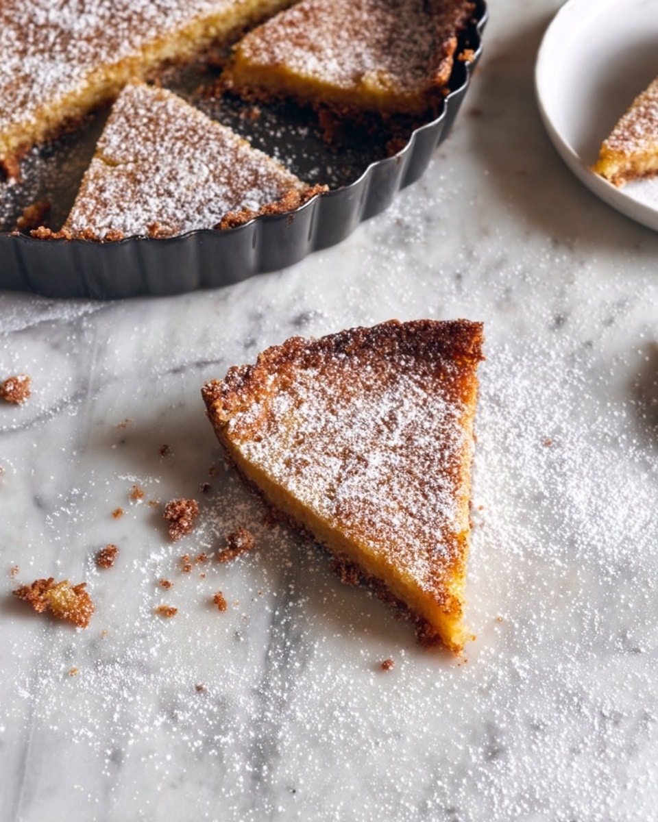 A slice of golden brown tart with a crumbly, darker brown crust sits on a white marbled surface, dusted generously with white powdered sugar, showing a slightly crispy texture. Nearby, a black baking dish holds more similar tart slices, with some crumbs scattered around the edges and on the white marbled background, also dusted lightly with powdered sugar. The tart looks soft in the middle with a textured surface from the baked filling photo taken with an iphone --ar 4:5 --v 7