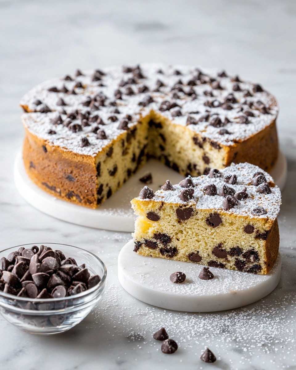 The image shows a round chocolate chip cake cut into slices, placed on a white circular marble board. The cake has two main layers: the outer layer is a darker brown baked crust, while the inner layer is a light golden, soft cake dotted with many small dark chocolate chips. The top layer is golden with chocolate chips spread evenly and lightly dusted with white powdered sugar. A few chocolate chips are scattered near the base of the cake on the marble board. In the foreground, there is a clear glass bowl filled with more chocolate chips. The photo is taken on a white marbled surface with soft lighting, making the cake look fresh and inviting. Photo taken with an iphone --ar 4:5 --v 7