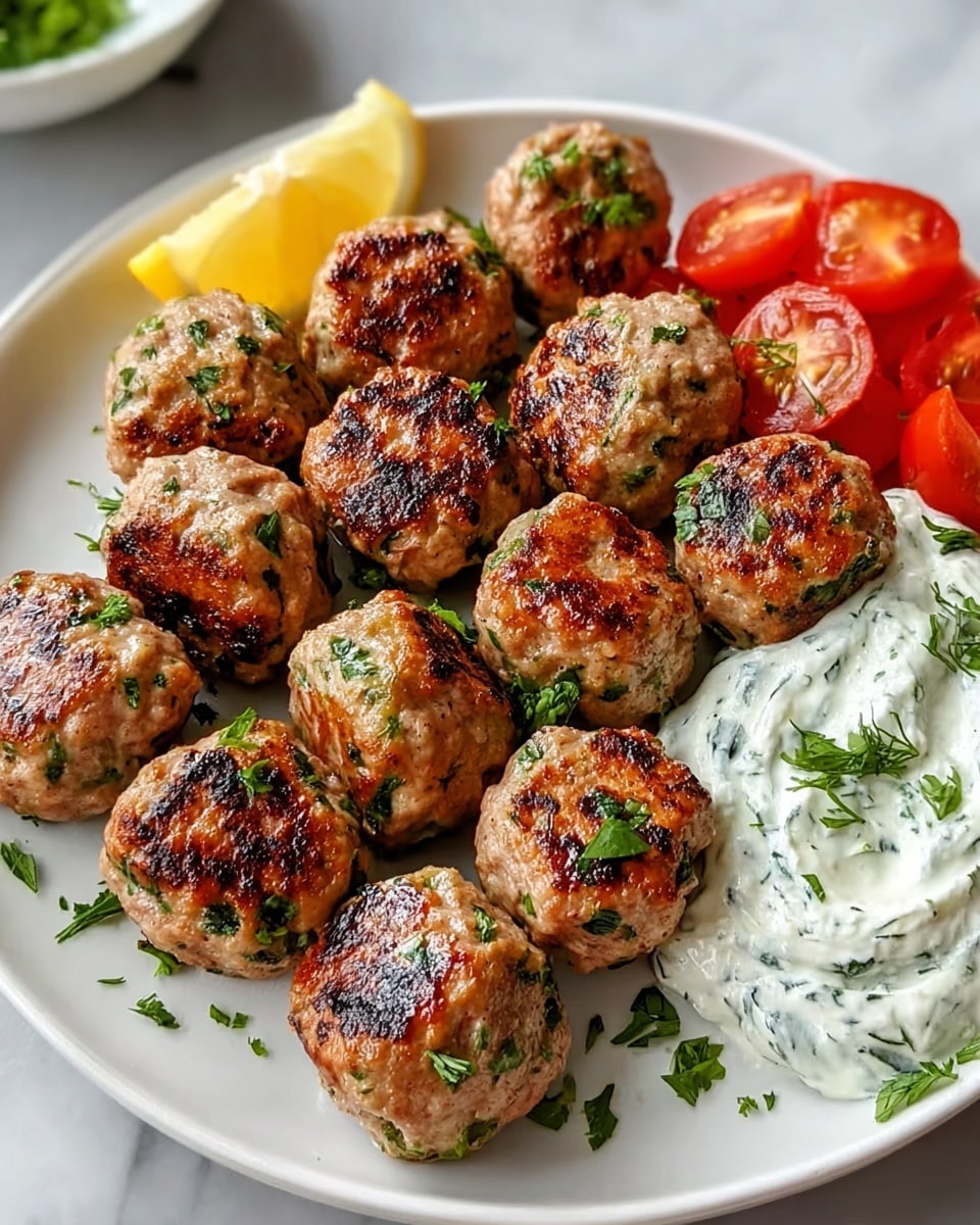 A white plate on a white marbled surface holds about a dozen grilled meatballs, each with a golden-brown crust and specks of green herbs throughout. To the side, there is a pile of creamy white sauce with visible green herbs mixed in, giving a textured look. Behind the meatballs, there are small wedges of light yellow lemon and bright red tomato slices, adding color contrast. The meatballs are sprinkled with chopped green herbs, and some of the herbs are scattered on the plate too. photo taken with an iphone --ar 4:5 --v 7