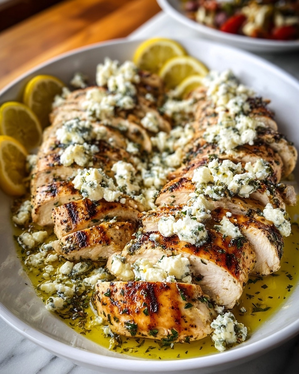 A white bowl holds two rows of sliced grilled chicken breasts, each slice showing juicy white meat with browned grill marks and sprinkled with green herbs. Crumbled white cheese is spread over the chicken in thick clusters, adding a creamy texture. The chicken sits in a pool of yellow olive oil mixed with herbs and small bits of garlic. Three lemon slices line the back edge of the bowl, adding bright yellow color. In the background, there is another dish blurred on a wooden surface. The whole scene is set on a white marbled texture. photo taken with an iphone --ar 4:5 --v 7