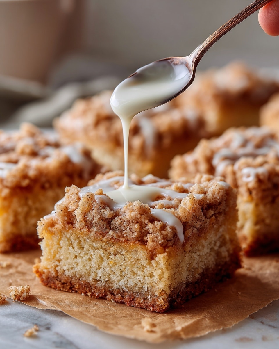 The image shows a close-up of several square pieces of crumb cake placed on brown parchment paper on a white marbled surface. Each square has two visible layers: a thick, soft, light beige cake base with a moist texture, and a rough, crumbly, golden-brown streusel topping with darker brown cinnamon specks. A spoon held by a woman’s hand pours a smooth, white glaze in a steady stream over one of the crumb cake squares, adding a glossy contrast against the crumbly top. The background is softly blurred, keeping the focus on the detailed texture and layers of the cake in the foreground. photo taken with an iphone --ar 4:5 --v 7