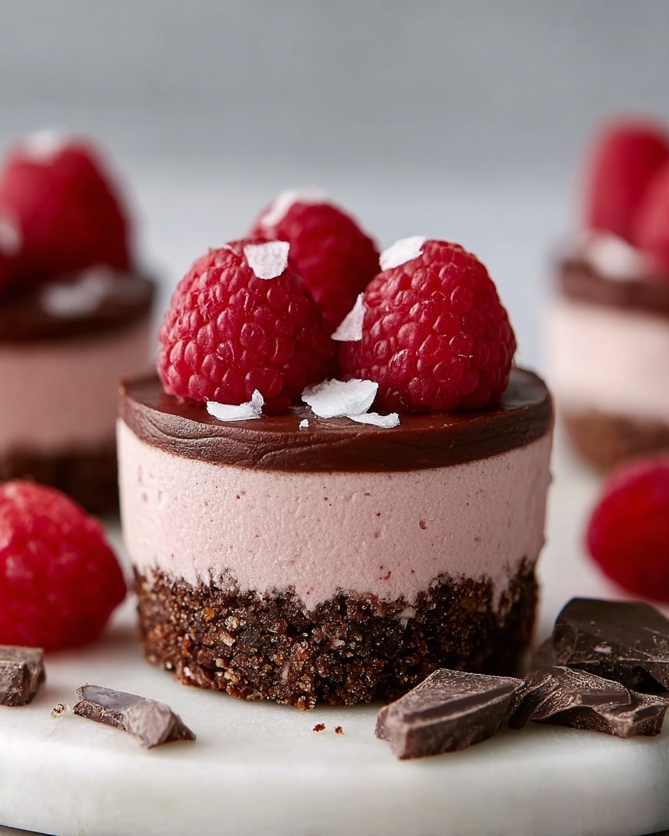 This dessert has three clear layers: the bottom layer is dark brown and crumbly, the middle layer is thin and deep red, and the top layer is thick and light brown with a smooth texture. On the very top, there is a shiny dark brown drizzle and several fresh red raspberries. Small pieces of dark chocolate and a dusting of white powdered sugar sit on top of the raspberries and drizzle. The dessert is placed directly on a white marble surface with another similar dessert blurred in the background. photo taken with an iphone --ar 4:5 --v 7