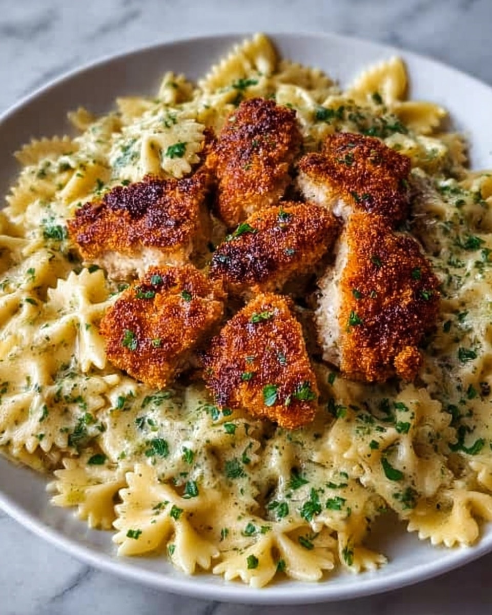 The image shows a white plate filled with farfalle pasta coated in a creamy, light green herb sauce sprinkled with chopped parsley. On top and around the pasta, there are several pieces of golden-brown, crispy breaded chicken with a crunchy texture and a slightly rough crust. The chicken pieces are cut to reveal a juicy, light-colored inside. The dish is placed on a white marbled surface. photo taken with an iphone --ar 4:5 --v 7