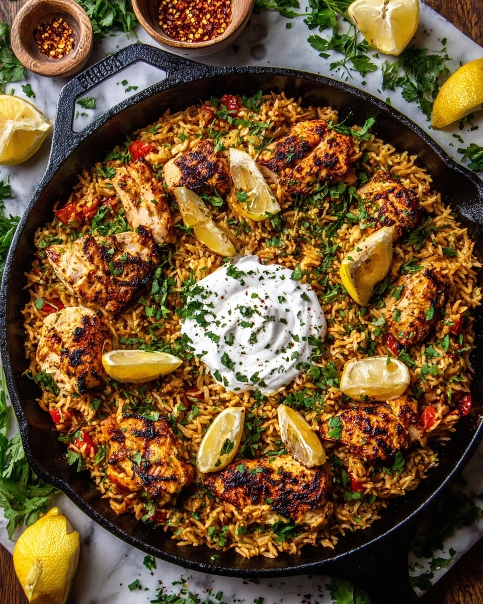 A black cast iron skillet filled with a layer of yellowish-brown spiced rice mixed with small bits of red tomato, topped with large, browned grilled chicken chunks arranged evenly around the pan, and garnished with fresh green chopped herbs scattered on top. There are several lemon wedges placed on the rice, some grilled with slightly charred edges. In the center of the skillet, a dollop of white creamy sauce with a sprinkle of herbs and pepper sits as a focal point. The skillet rests on a white marbled surface with scattered fresh herbs and halved lemons around it, along with small bowls containing a white sauce and crushed red pepper flakes nearby. photo taken with an iphone --ar 4:5 --v 7