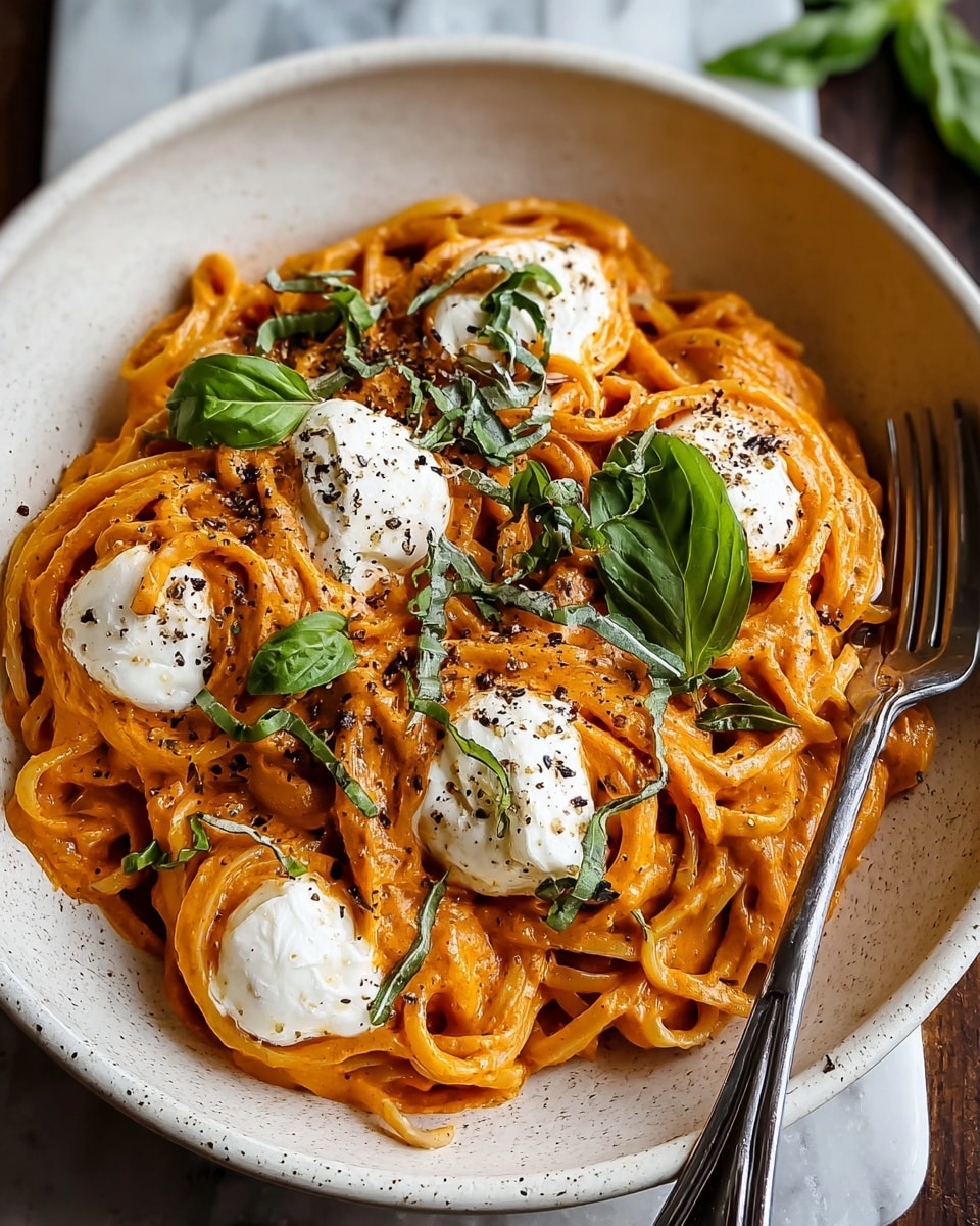 The dish is a bowl of pasta with three layers clearly visible: the bottom layer is a bed of twisted spaghetti coated in creamy, orange-red tomato sauce; the middle layer has several white dollops of soft cheese spread across the pasta, giving a smooth and fluffy texture; the top layer is sprinkled with fresh green basil leaves and small black specks of cracked black pepper, adding color and texture contrast. The bowl is white with a slight speckled pattern, placed on a white marbled surface, and a fork rests on the right side inside the bowl. Photo taken with an iphone --ar 4:5 --v 7